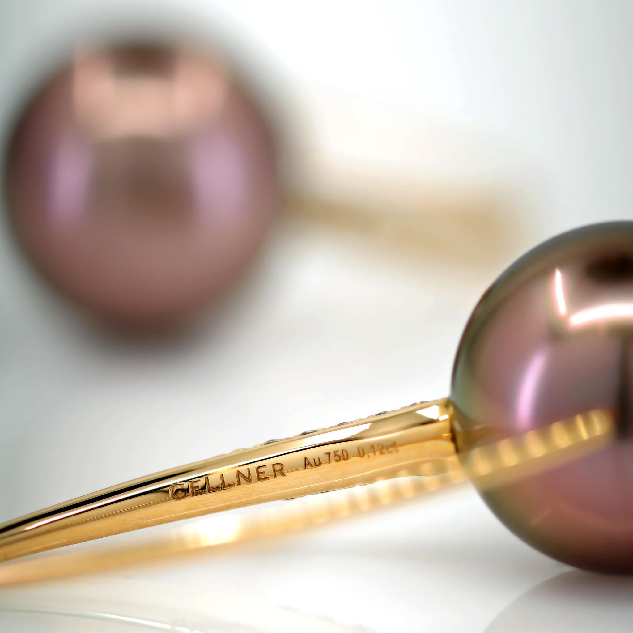 Brilliant Cut Copper Pink Tahitian Pearl Diamond Rose Gold Drop Earrings, Gellner 2024 For Sale