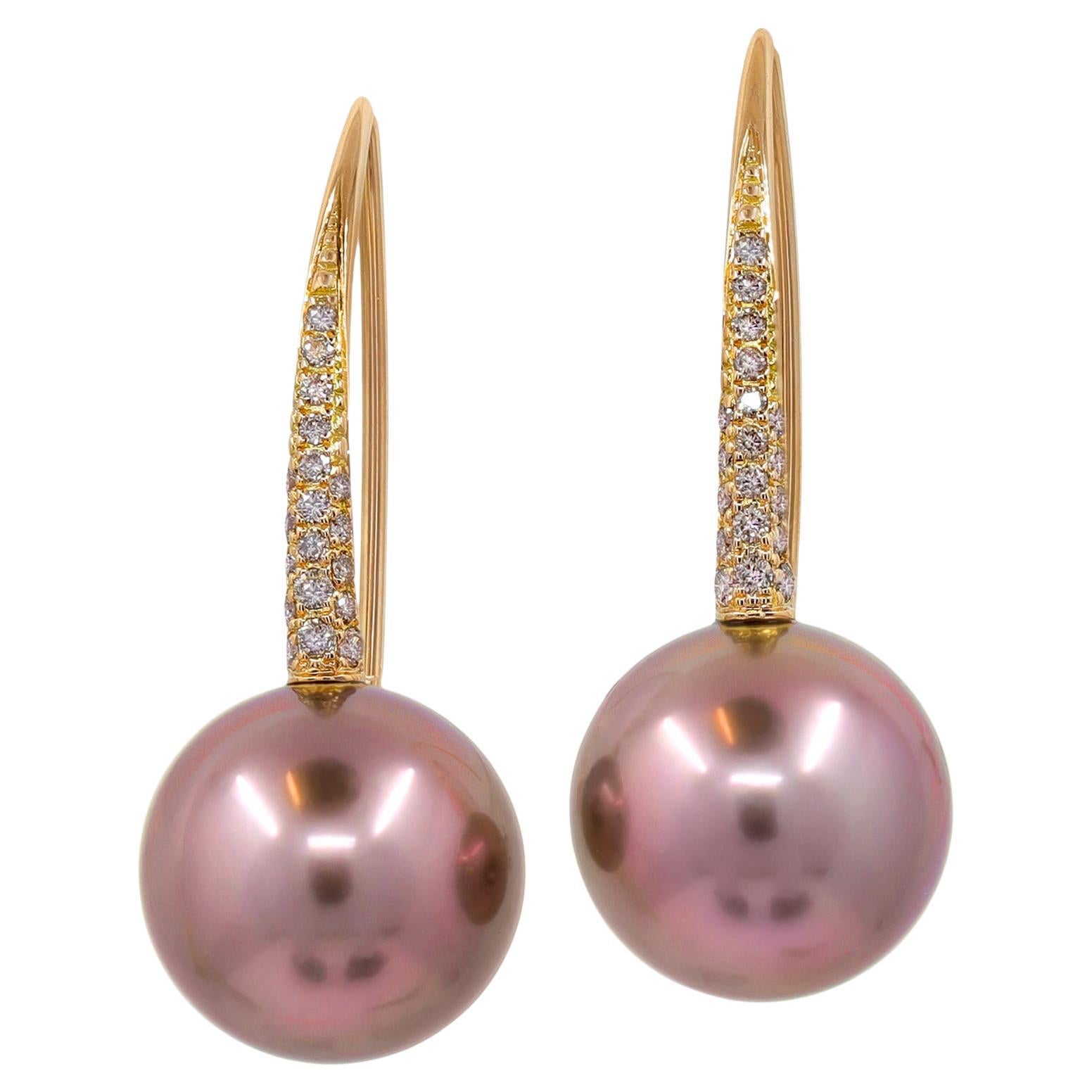 Copper Pink Tahitian Pearl Diamond Rose Gold Drop Earrings, Gellner 2024 For Sale