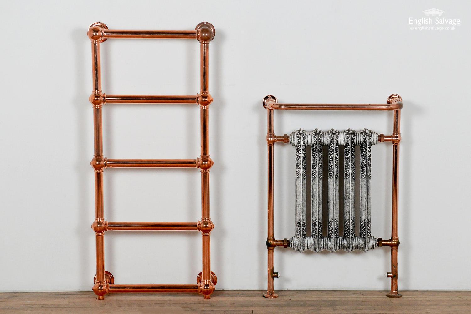 Ex-display copper-plated steel towel rail and radiator. The uncoated copper plate can either be allowed to tarnish for a patinated appearance or coated to preserve the new look. Rococo style middle section of the radiator is painted grey. Radiator