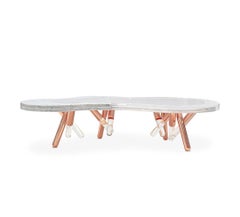Mesa baja para patio de acero inoxidable cobreado y mármol blanco