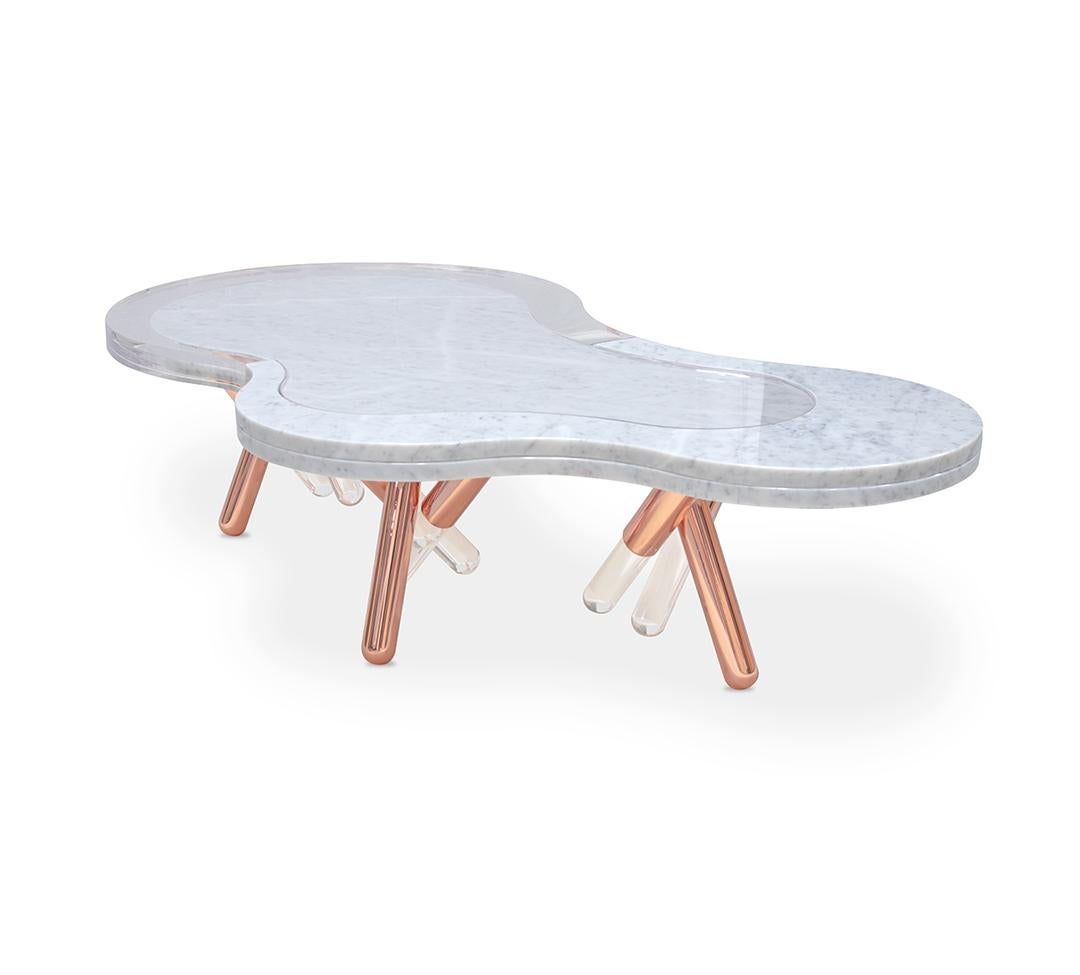 Modern Patio Coffee Table featuring Copper-Plated Stainless Steel and White Marble For Sale