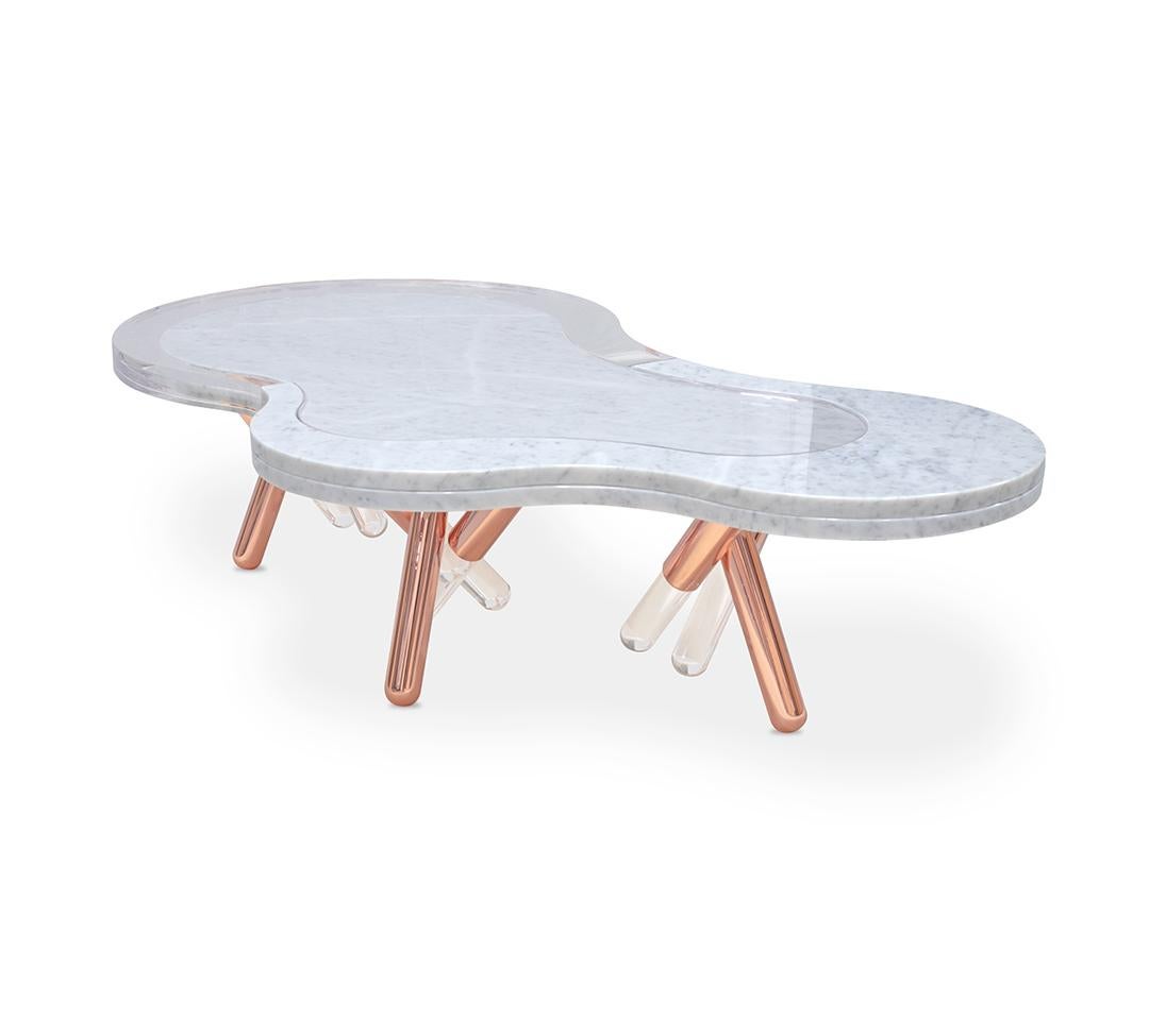 Modern Copper-Plated Stainless Steel and White Marble Outdoor Coffee Table For Sale