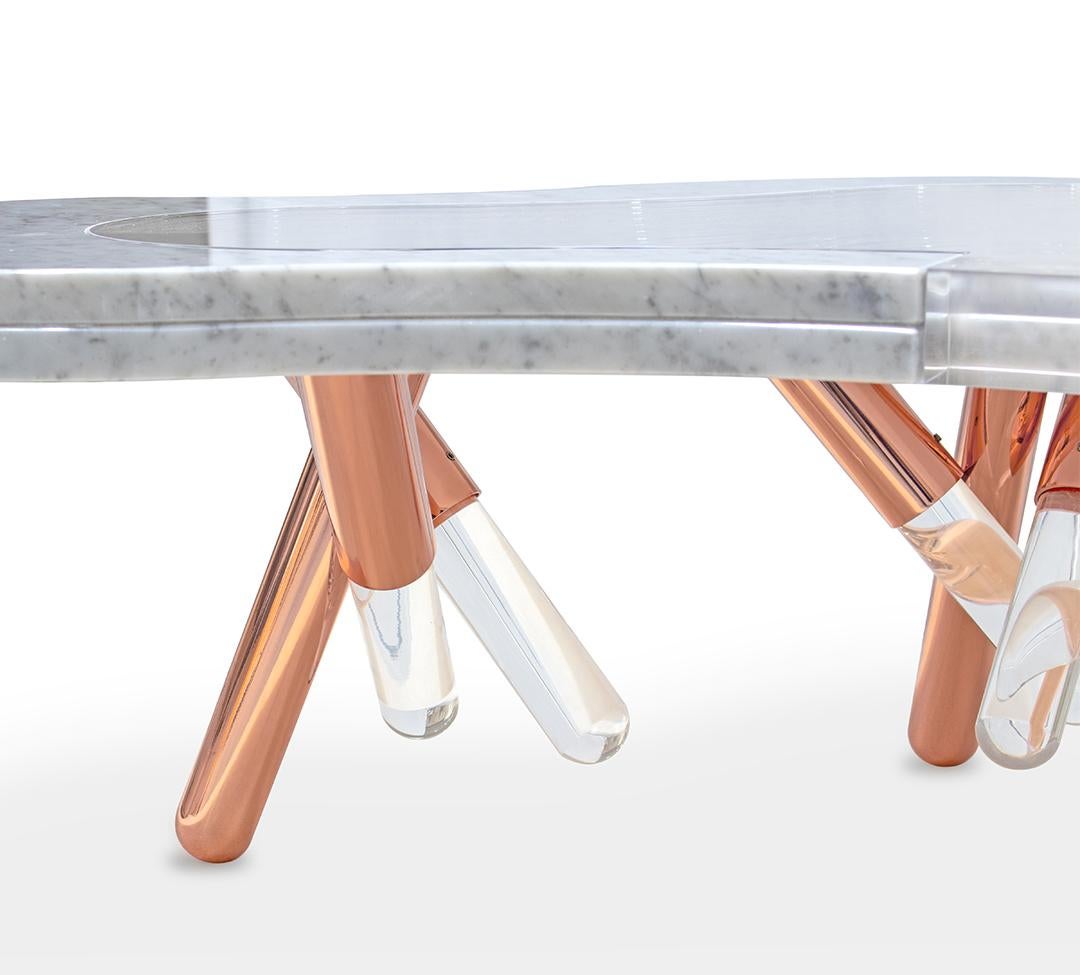 Portugais Table basse d'extérieur en acier inoxydable et marbre blanc en vente
