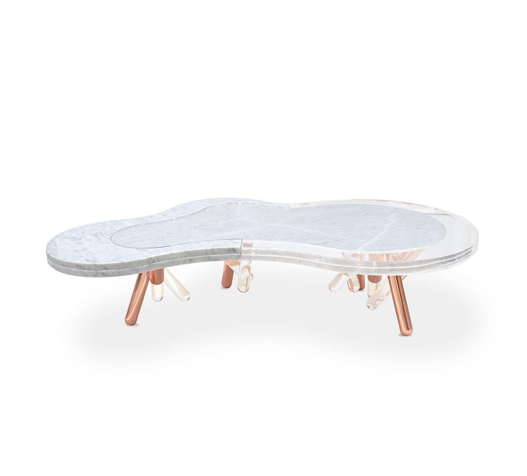 Copper-Plated Stainless Steel and White Marble Outdoor Coffee Table In New Condition For Sale In Santo Tirso, PT