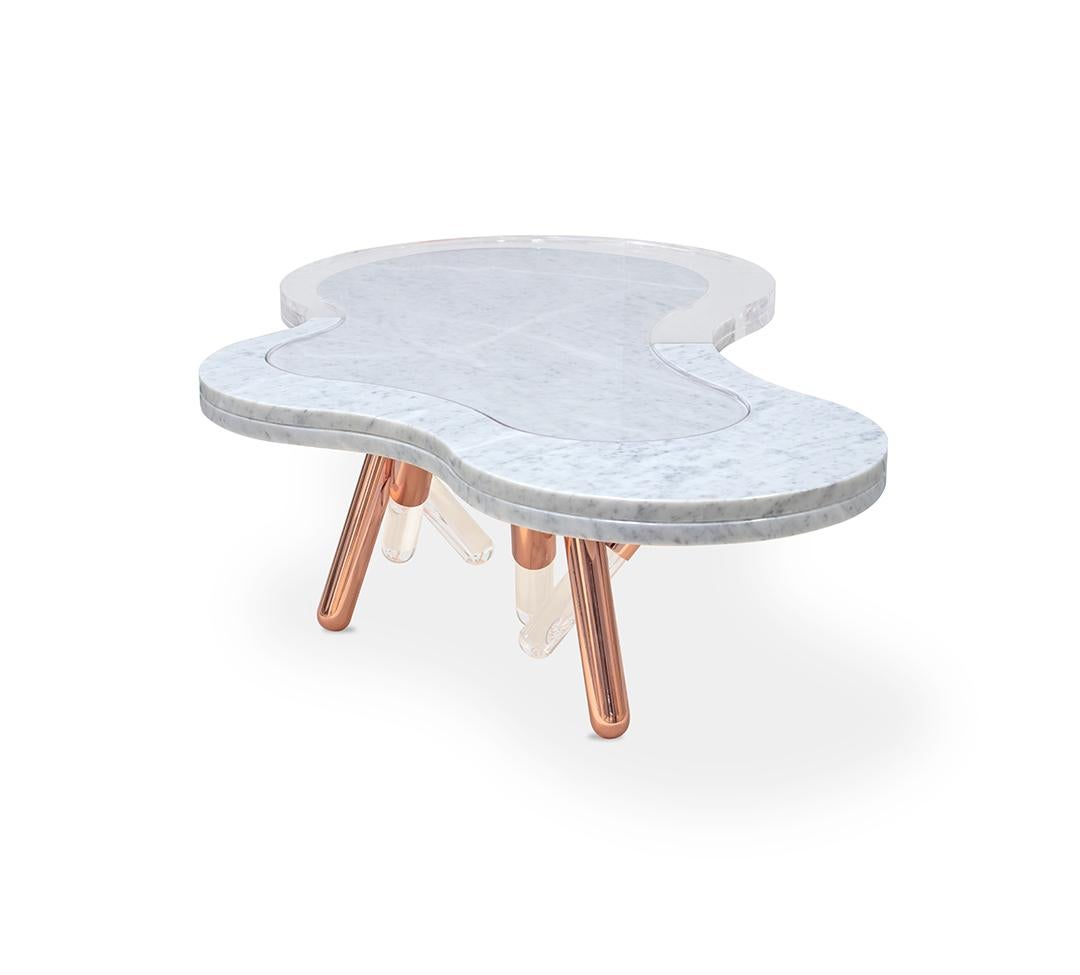 Contemporary Copper-Plated Stainless Steel and White Marble Outdoor Coffee Table For Sale