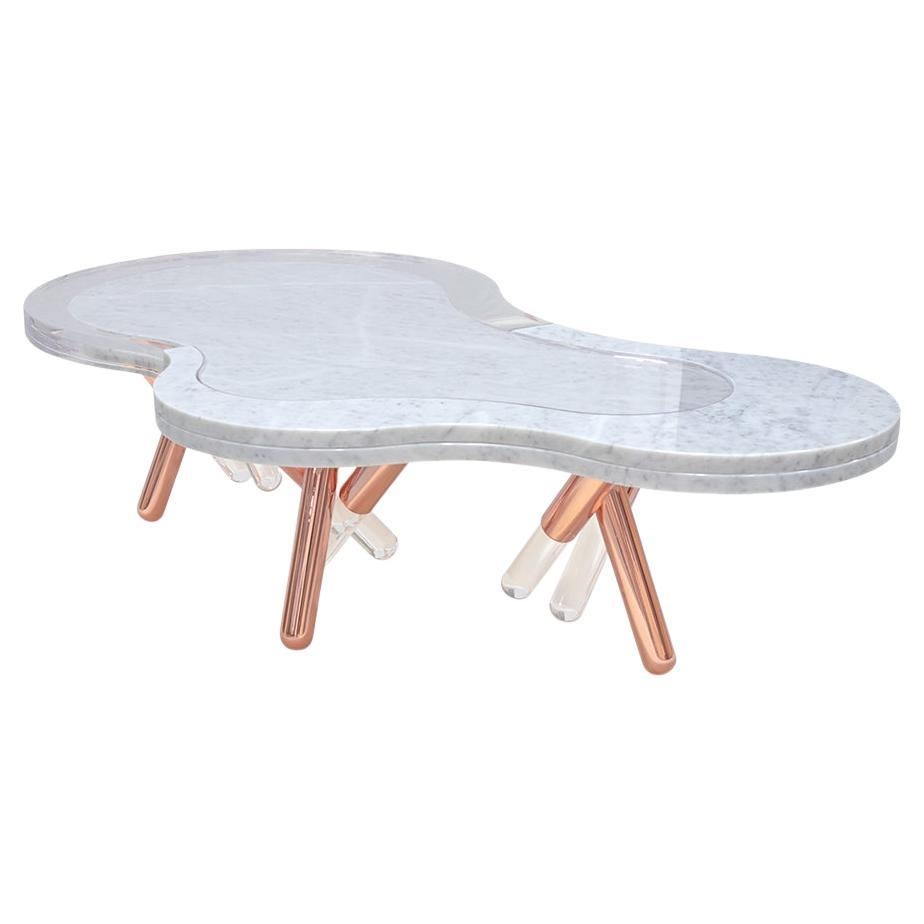 Table basse d'extérieur en acier inoxydable et marbre blanc en vente