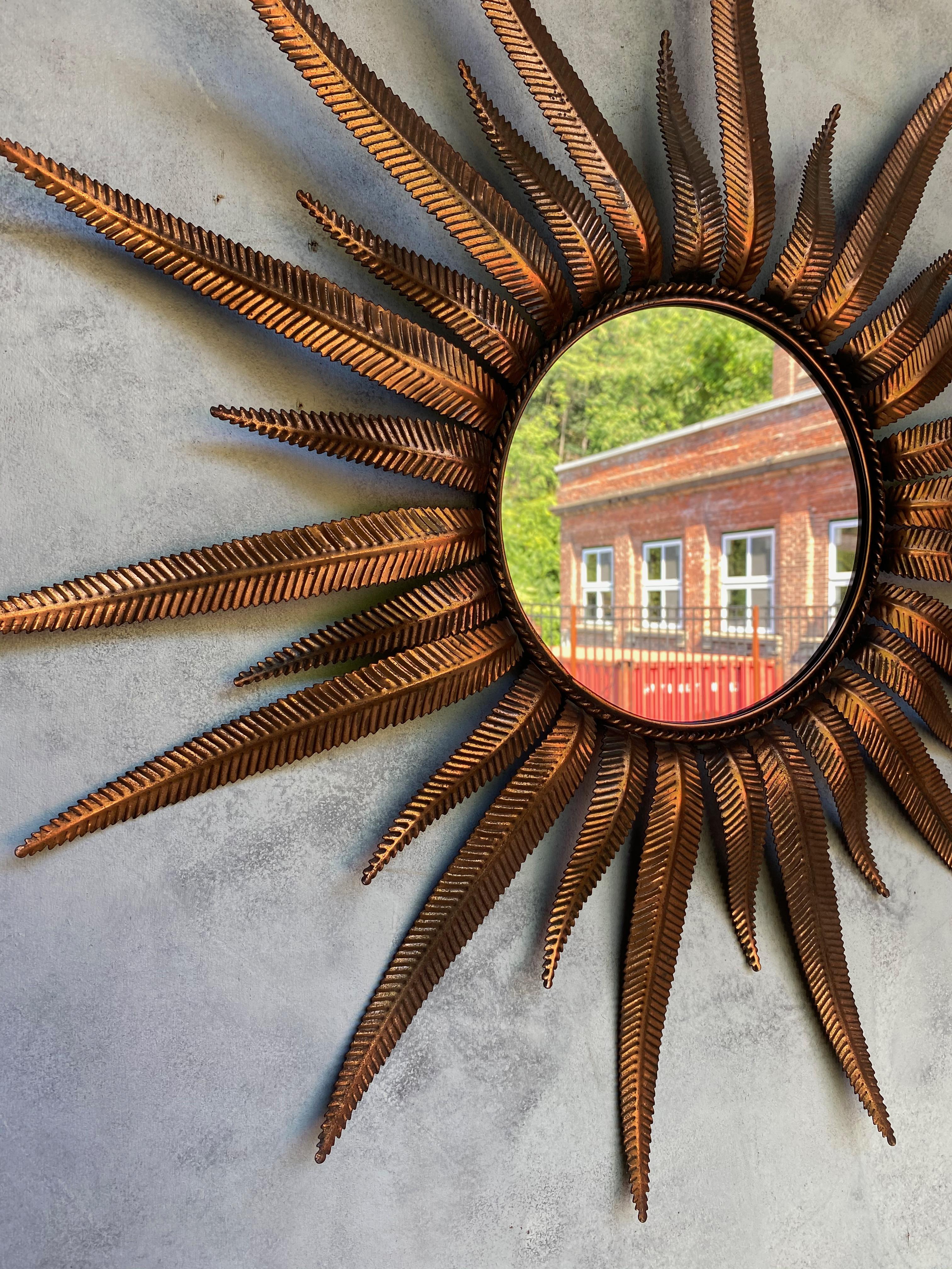 Glass  Spanish Copper Plated Metal Sunburst Mirror with Fern Leaf Frame For Sale