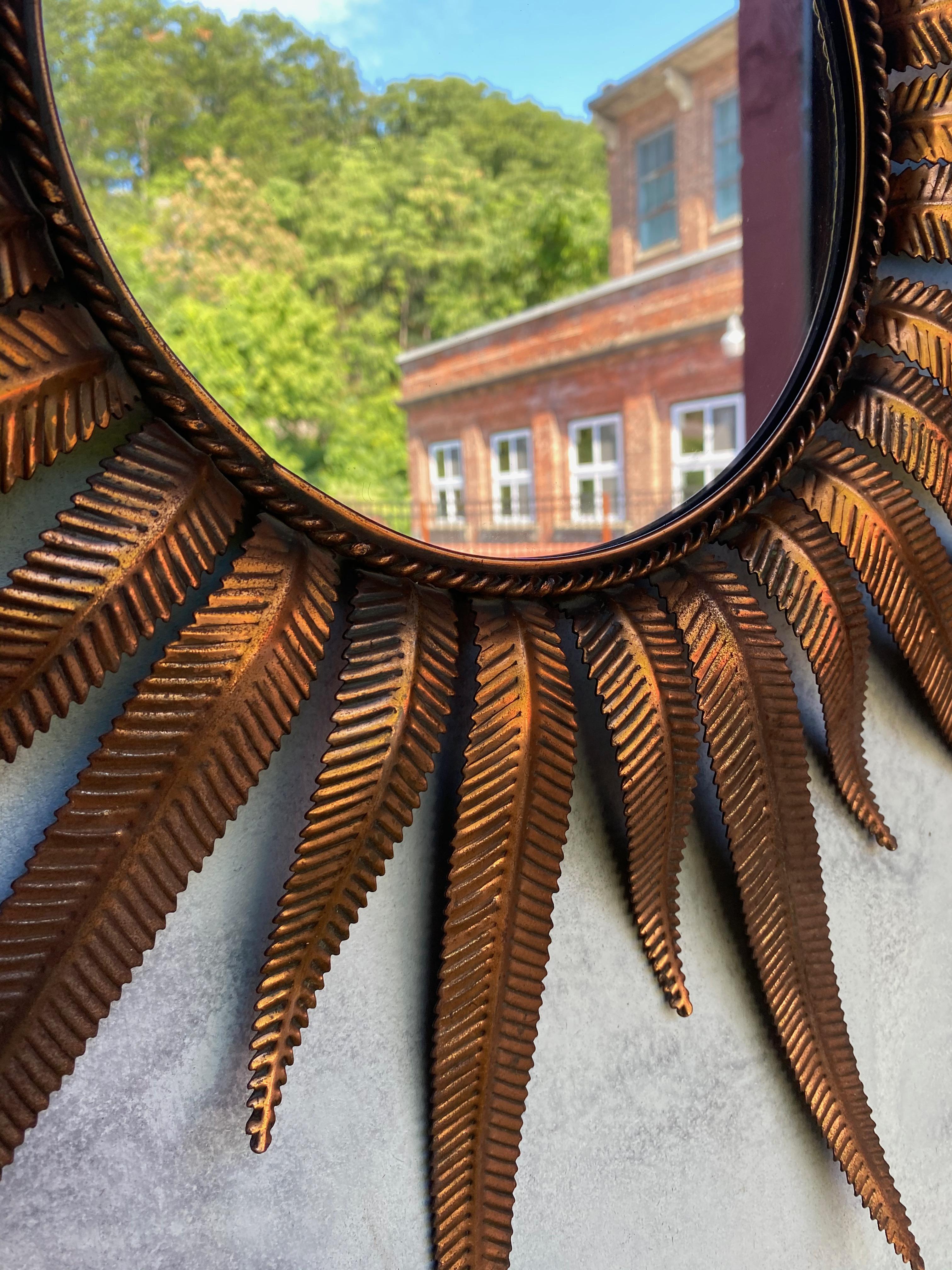  Spanish Copper Plated Metal Sunburst Mirror with Fern Leaf Frame For Sale 5