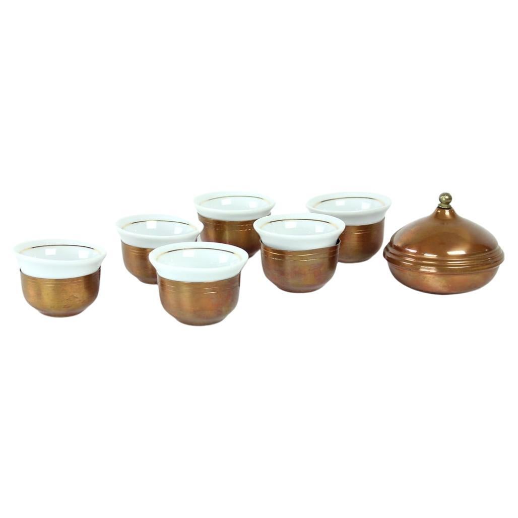 Copper & Porcelaine Espresso Set Of 6 Cups, Czechoslovakia 1960s