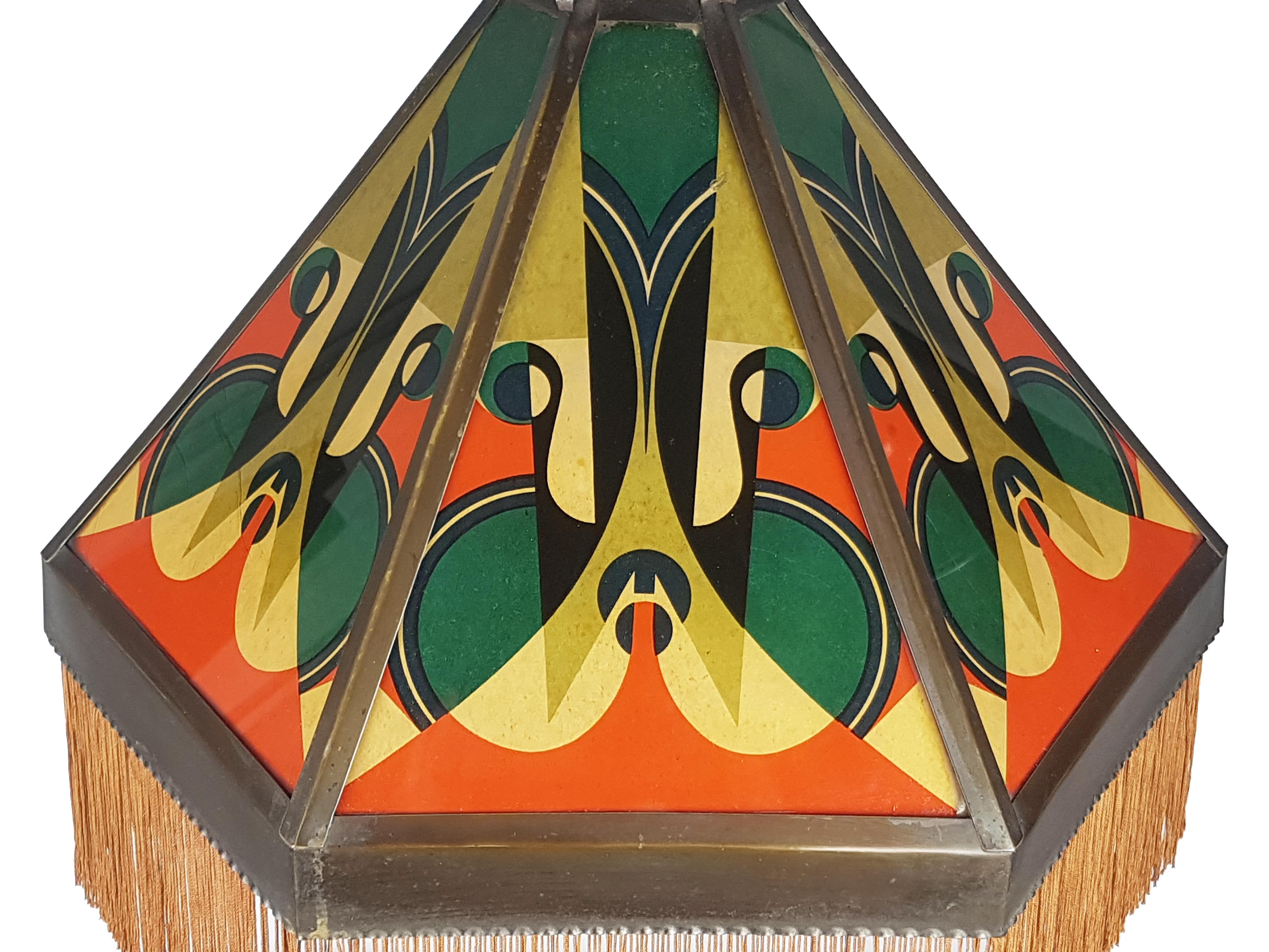 Dutch Copper & Printed Glass Art Deco Pendant Lamp Attributed to the Amsterdam School For Sale