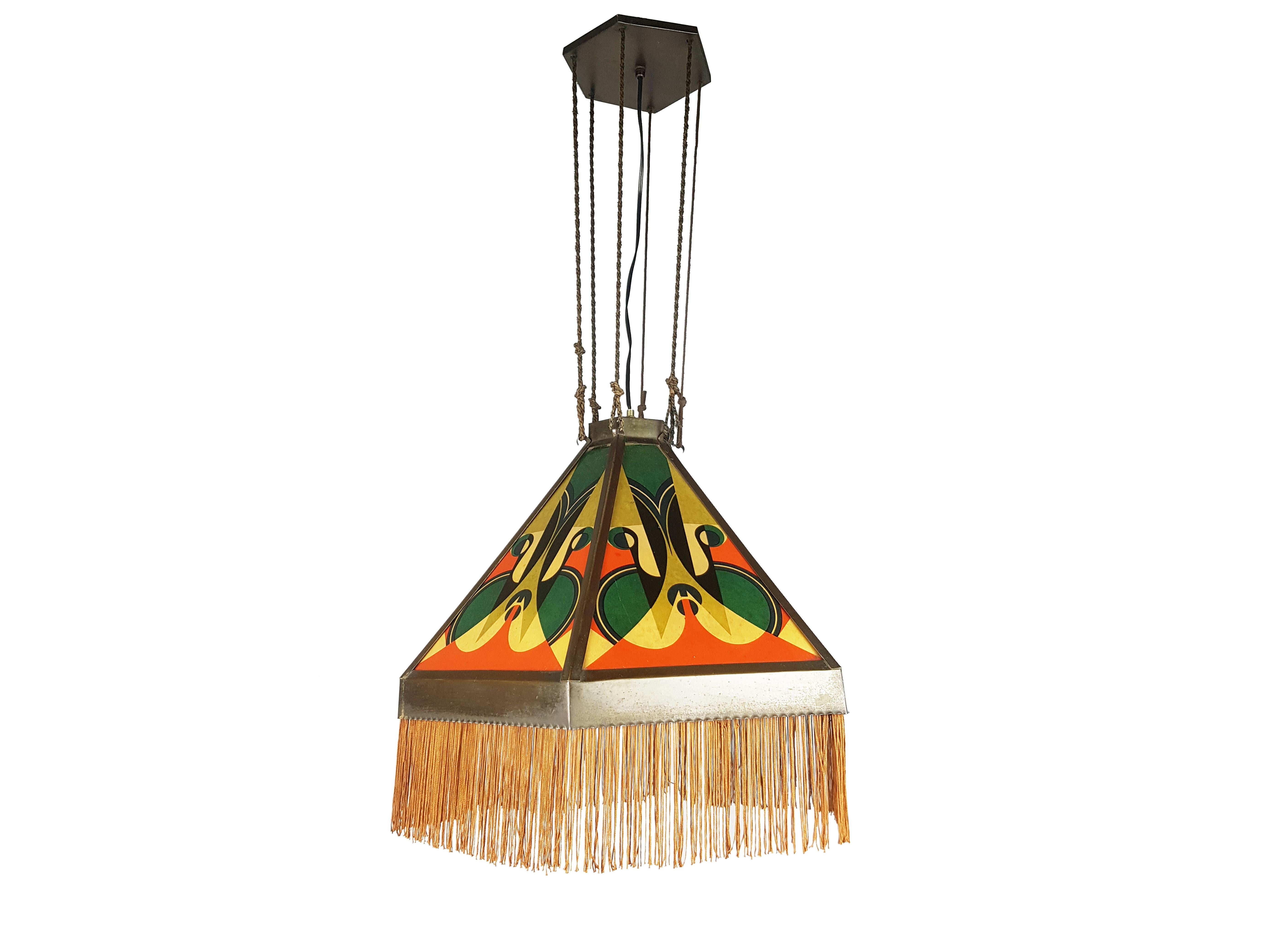 Copper & Printed Glass Art Deco Pendant Lamp Attributed to the Amsterdam School For Sale 3