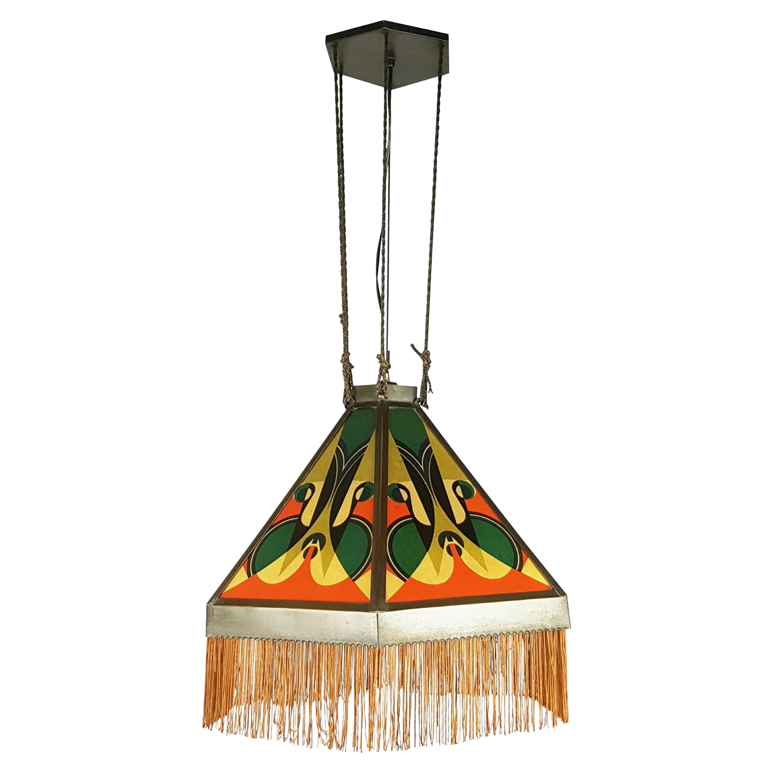Lampada a sospensione in rame e vetro stampato Art Déco attribuita alla Scuola di Amsterdam