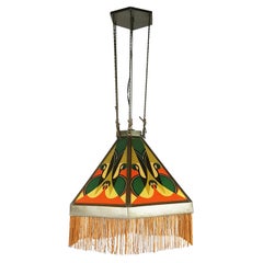 Antique Copper & Printed Glass Art Deco Pendant Lamp Attributed to the Amsterdam School