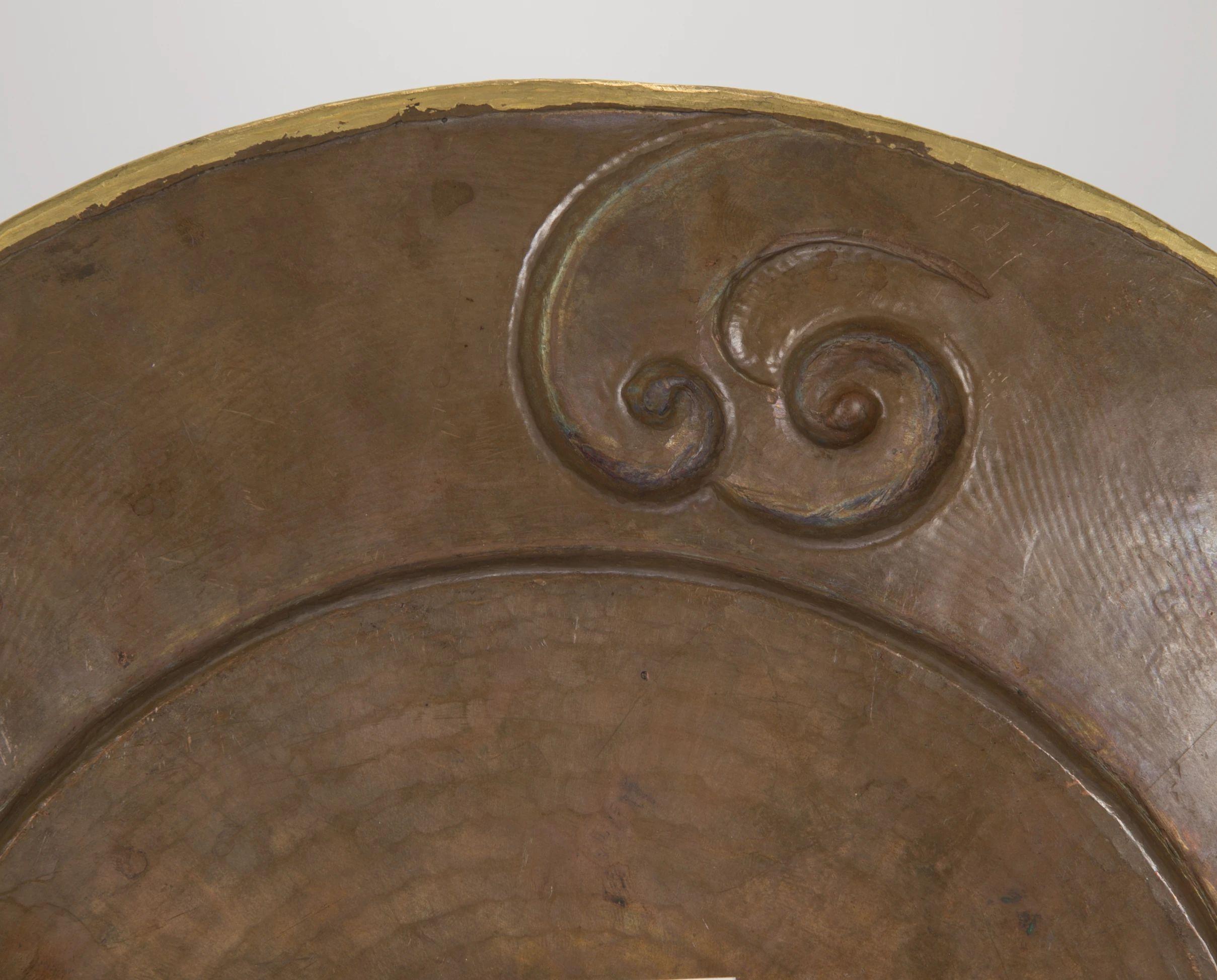 Arts and Crafts Copper Repousse Plate 22” Dia Handcrafted in India By Stephanie Odegard For Sale