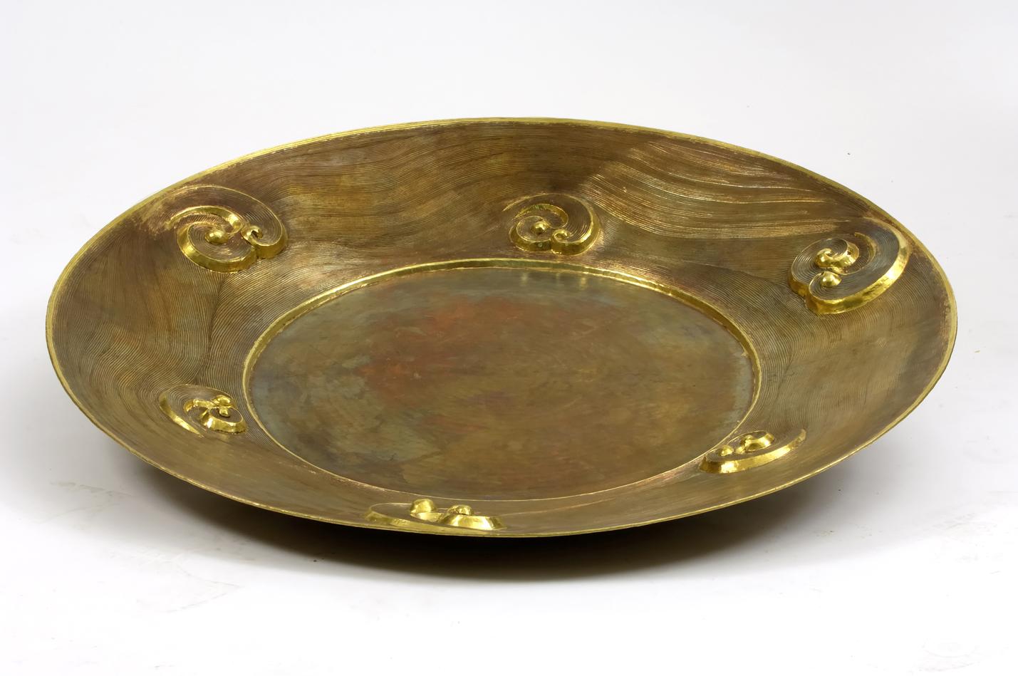 Arts and Crafts Copper Repousse Plate 31” Dia Handcrafted in India By Stephanie Odegard For Sale