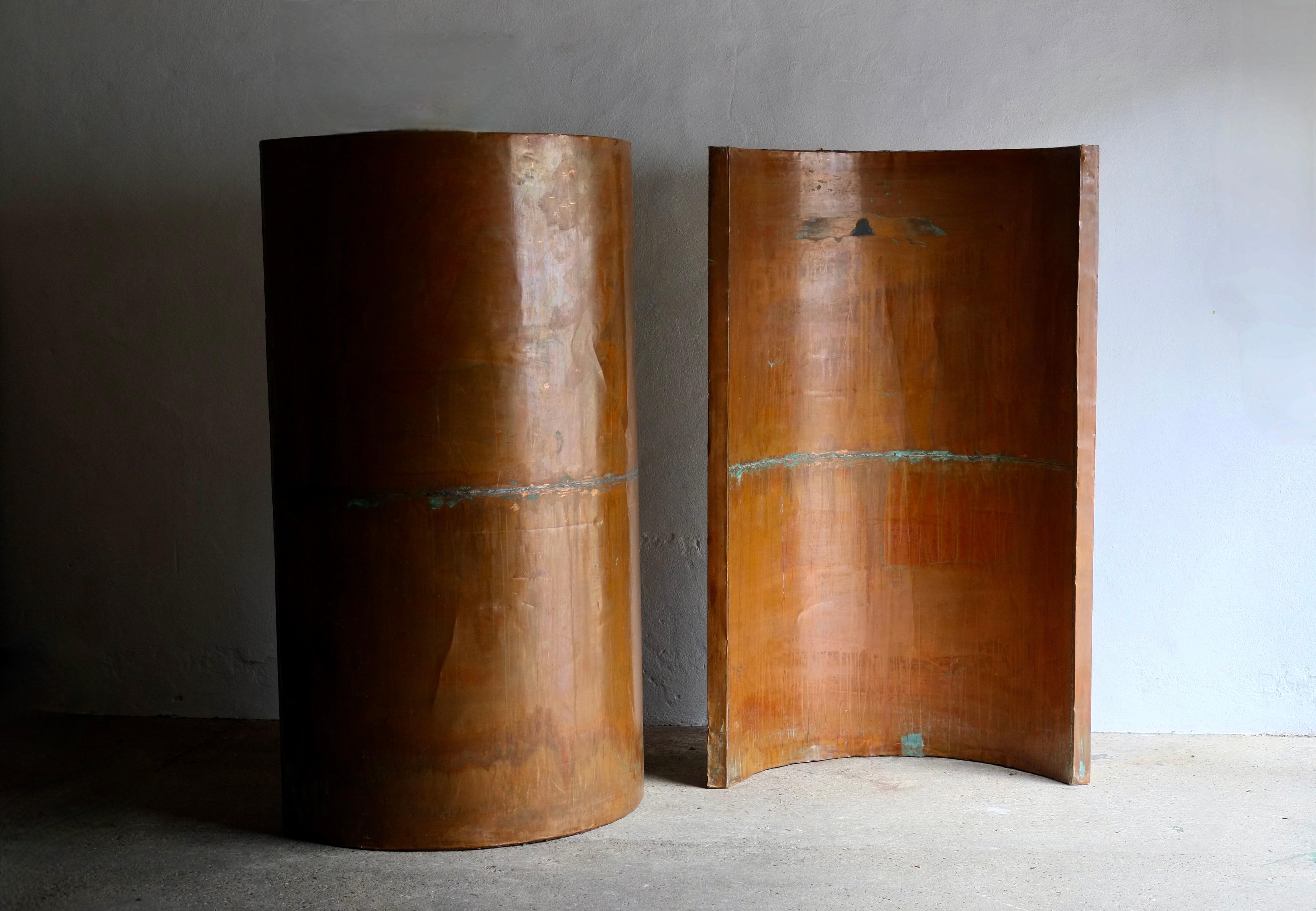 Two stunning six and a half foot tall curved French copper room dividers. 

Featuring a rich patina the screens show their age through markings and dents (see photos). Just imagine one in a bathroom.

Price is per screen, two available.