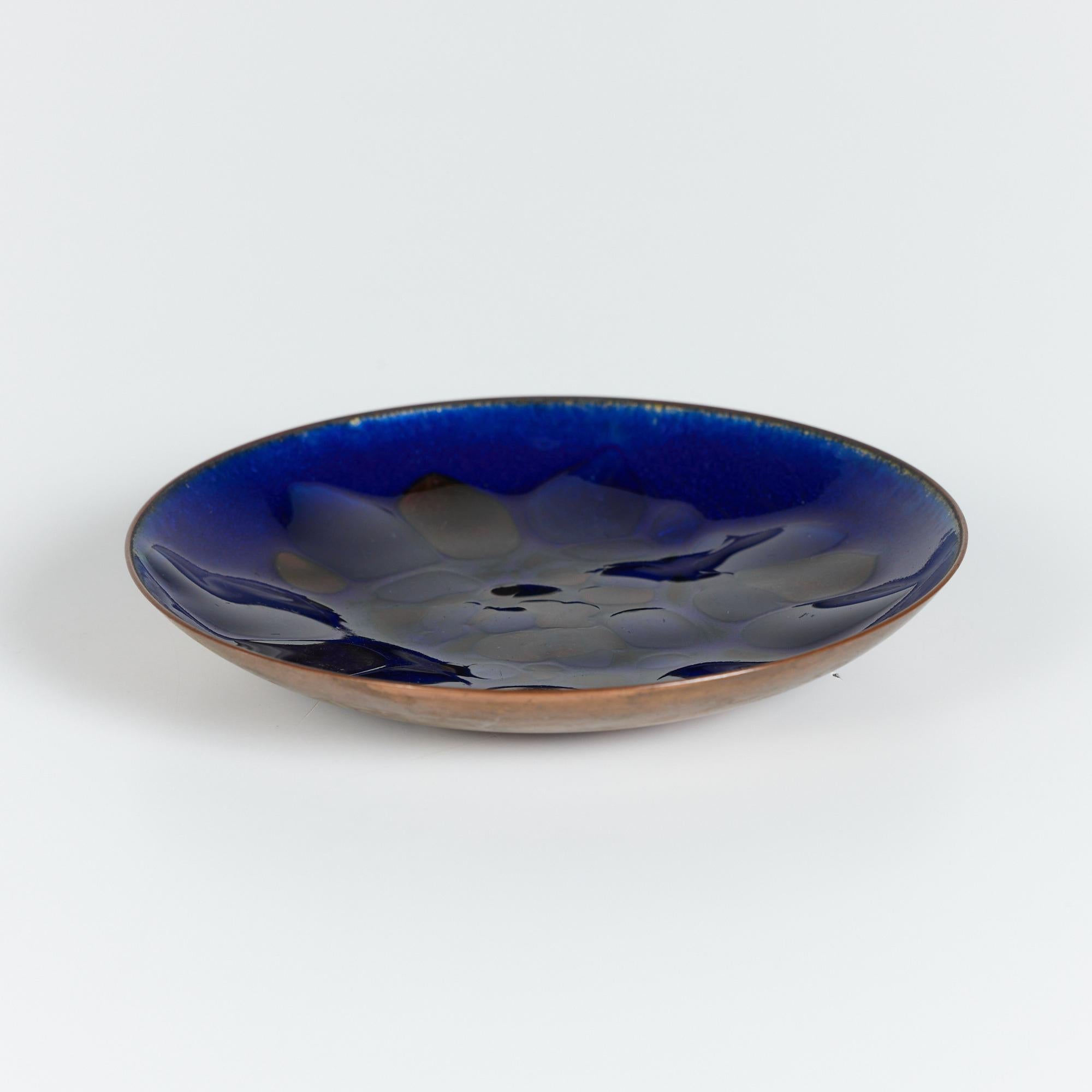 Mid-Century Modern Copper Royal Blue Enameled Plate by Win Ng For Sale