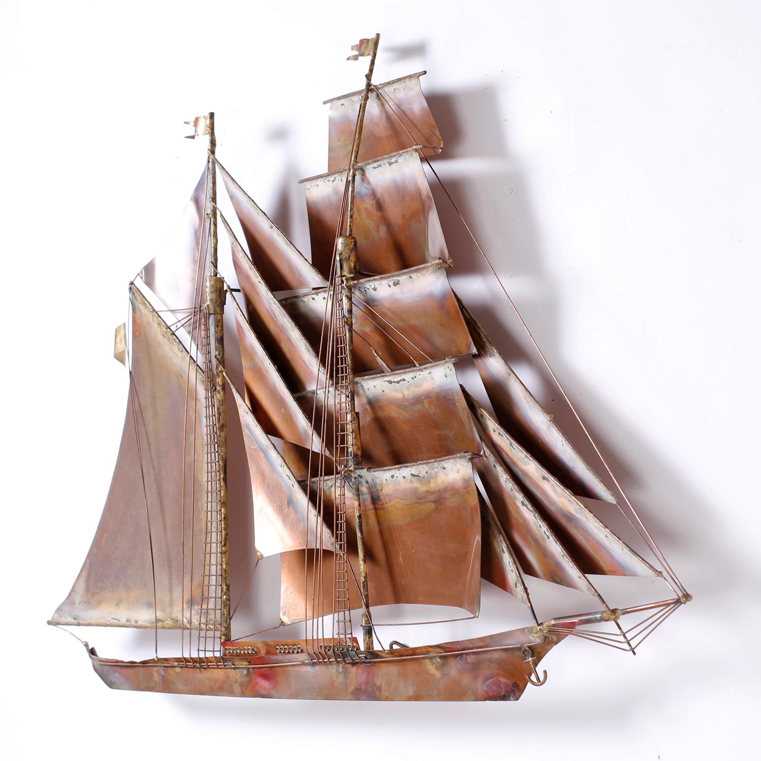 Midcentury stylized sailing ship sculpture crafted in copper with a lush colorful patina and signed C. Jere 1972. Freestanding or wall mountable.
  