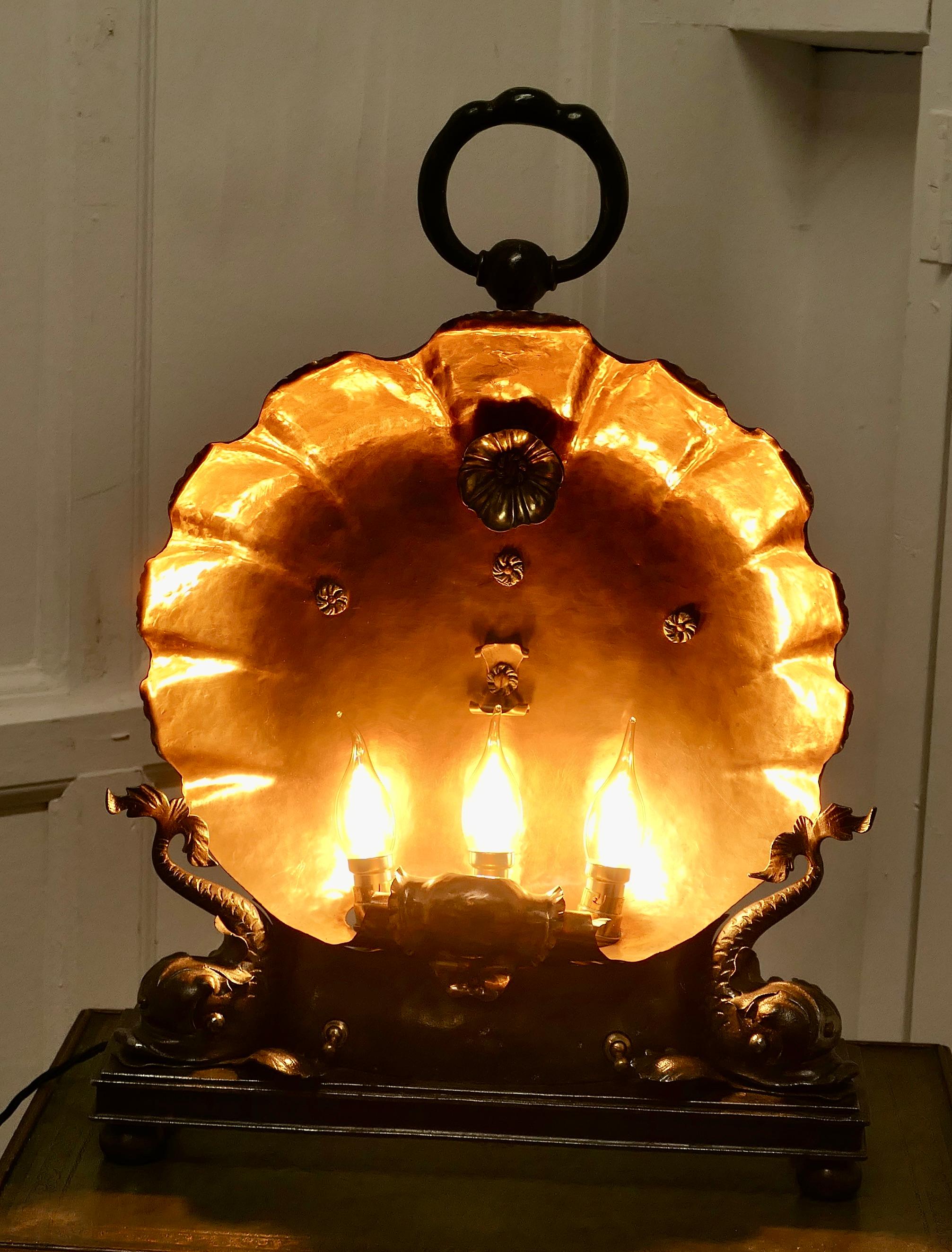  Copper Scallop Shell with Dolphins,  Electric Table Lamp,   A Magnificent Piece For Sale 5