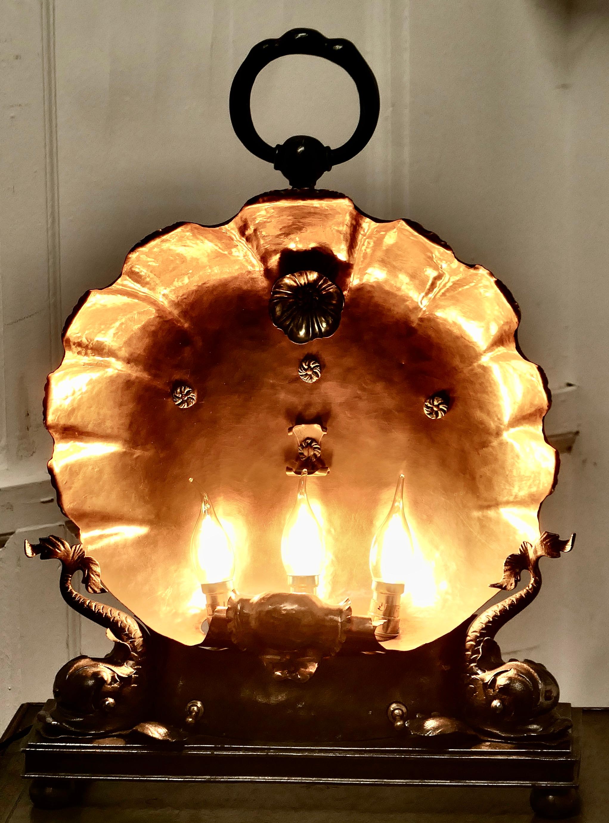  Copper Scallop Shell with Dolphins,  Electric Table Lamp,   A Magnificent Piece For Sale 6