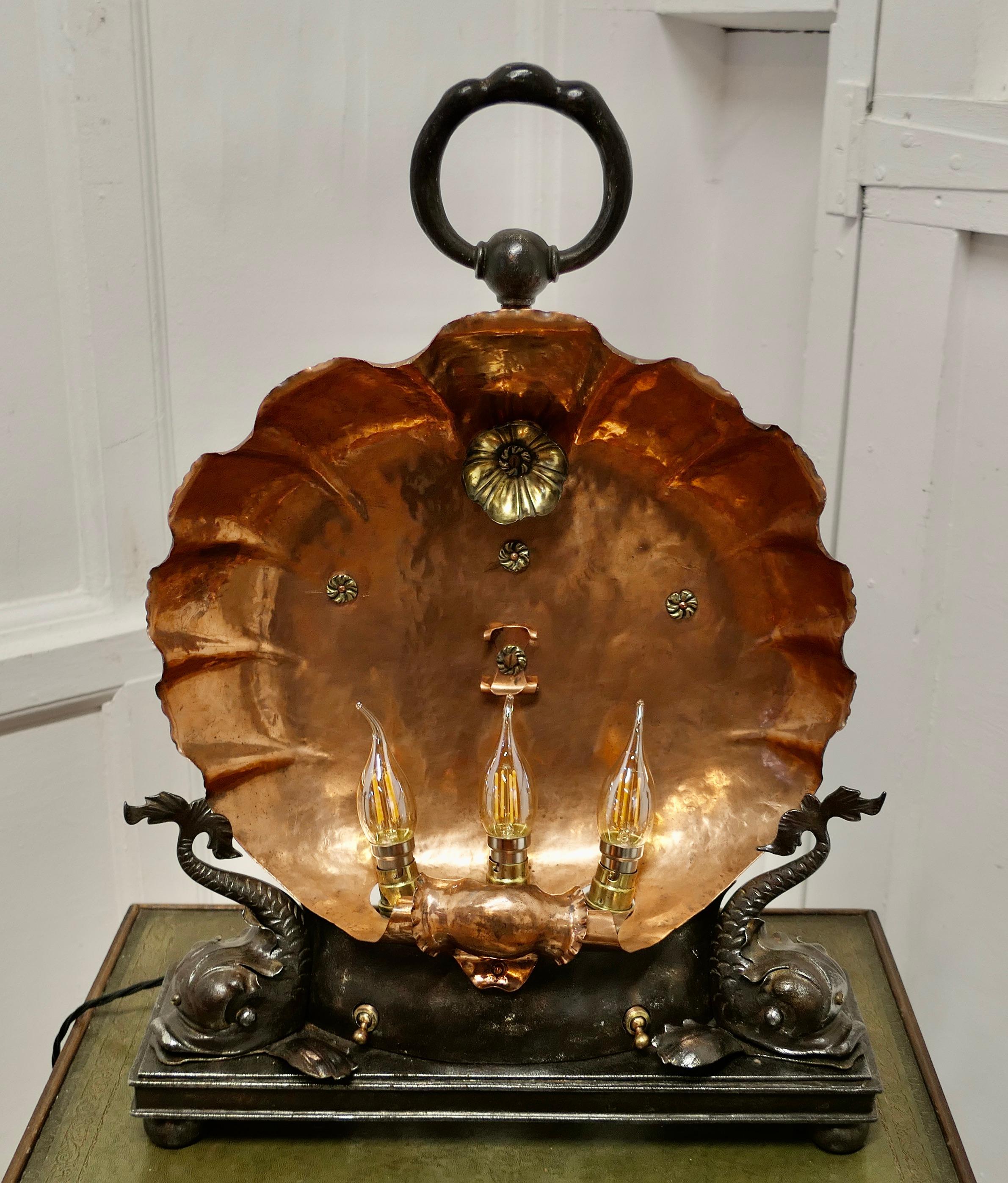 Late Victorian  Copper Scallop Shell with Dolphins,  Electric Table Lamp,   A Magnificent Piece For Sale