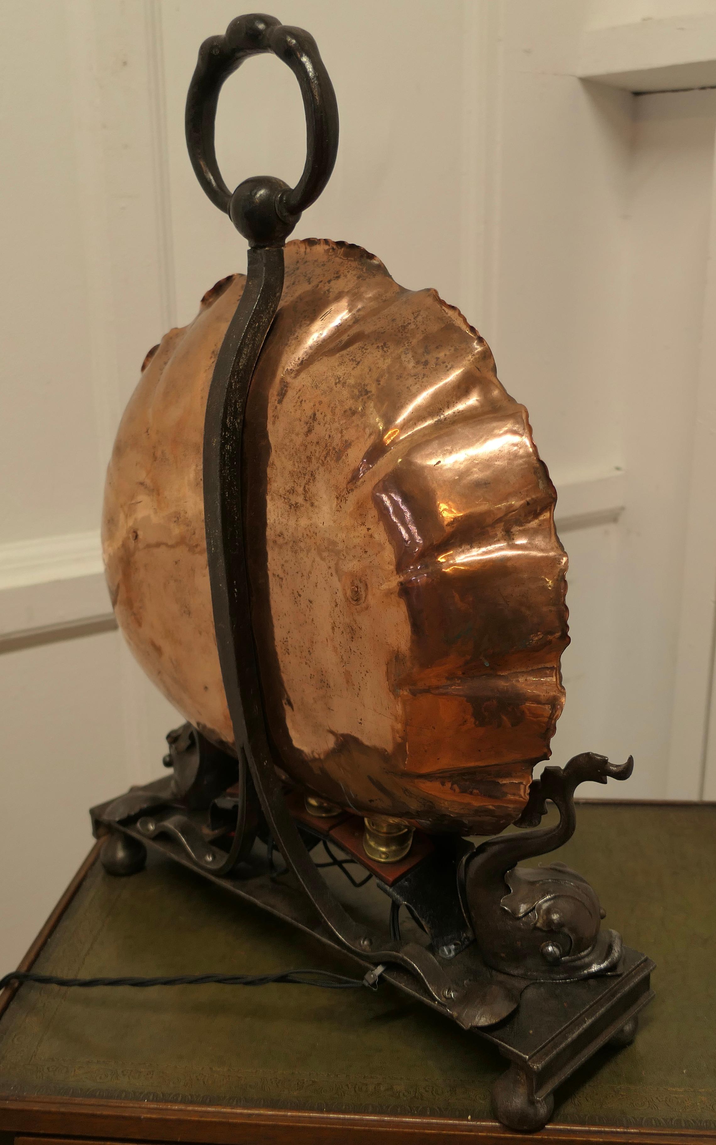  Copper Scallop Shell with Dolphins,  Electric Table Lamp,   A Magnificent Piece For Sale 2