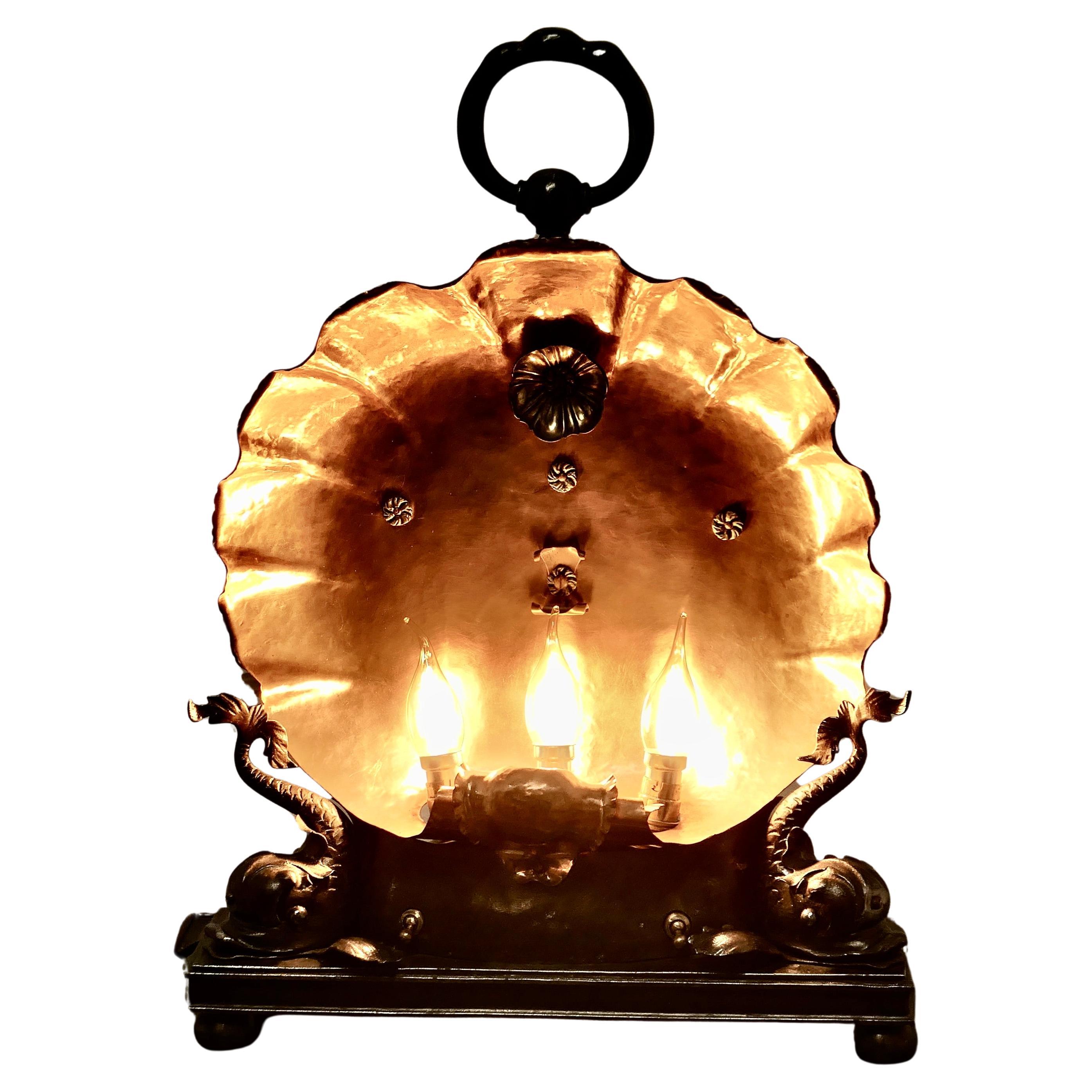  Copper Scallop Shell with Dolphins,  Electric Table Lamp,   A Magnificent Piece For Sale