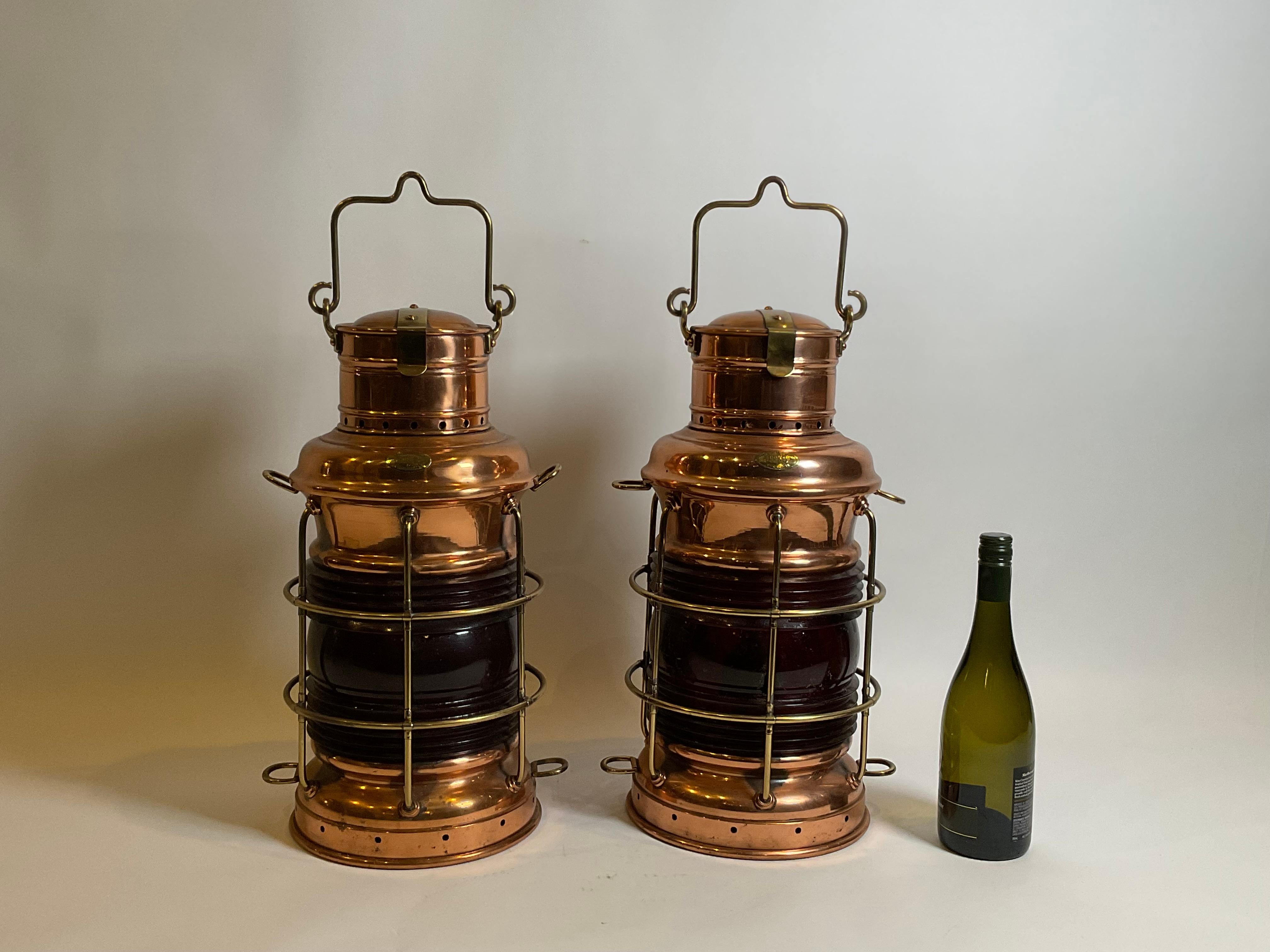 Pair of solid copper ships lanterns by Perkins Marine of Brooklyn New York, 