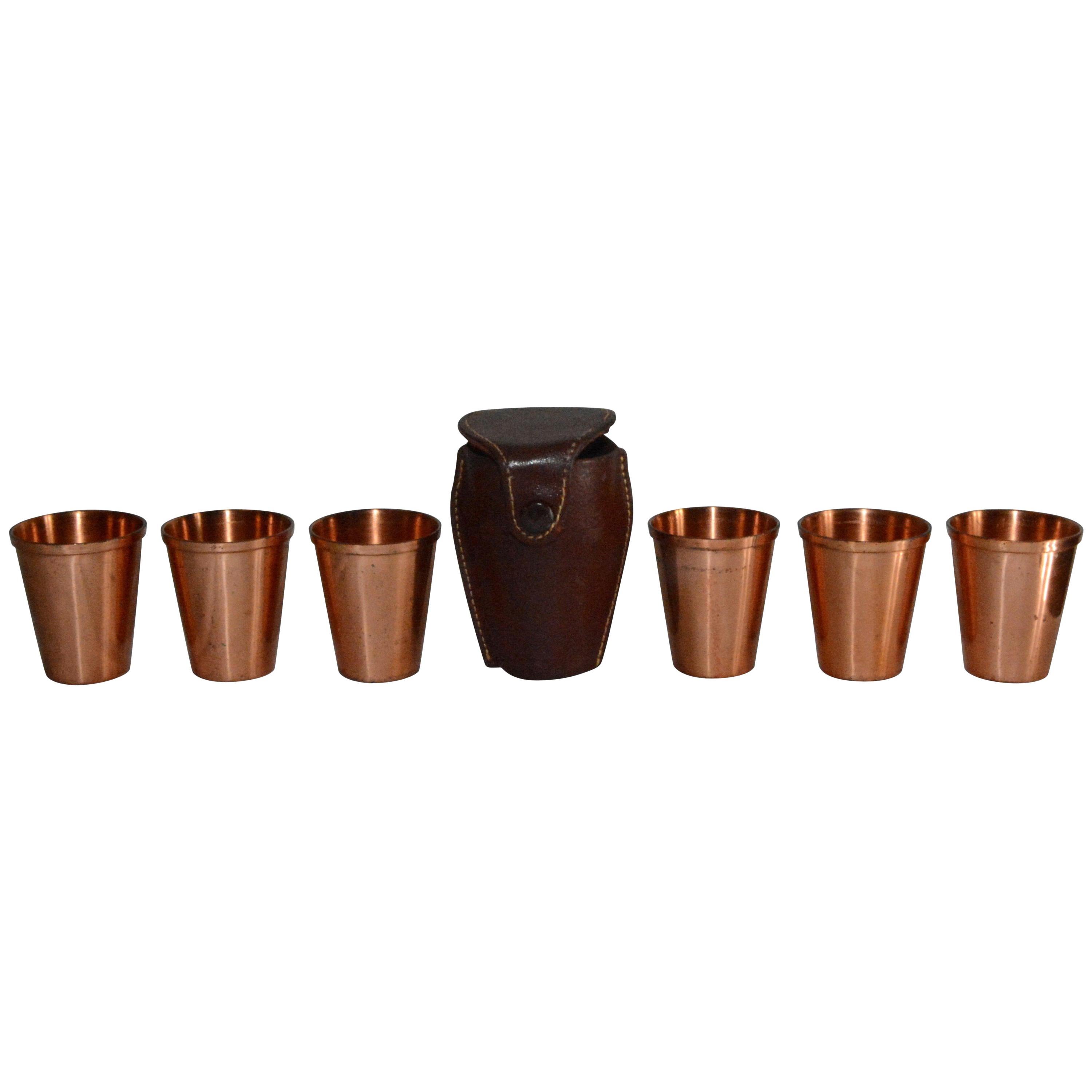 Copper Shot Glasses in Leather Travel Case by West Bend, Mid-Century Modern For Sale