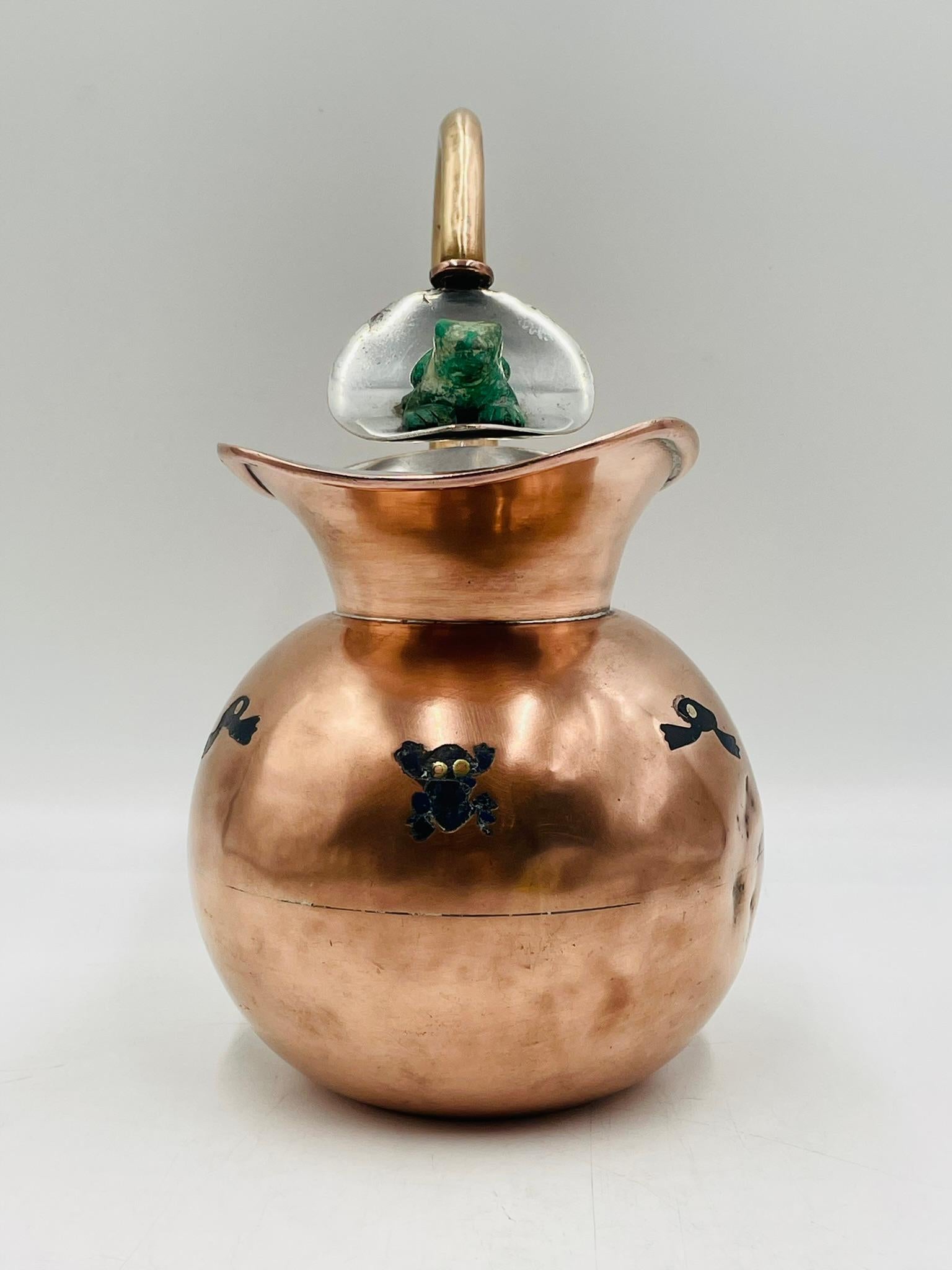Mid-Century Modern Copper, Silver & Stone Pitcher by Los Castillo, Mexico 1960's, Signed. For Sale