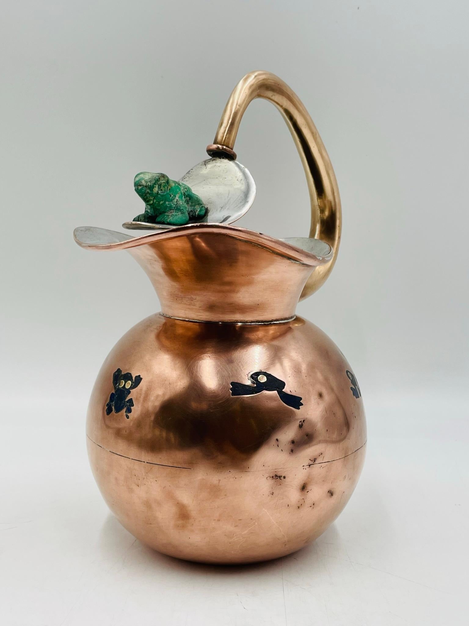 Hand-Crafted Copper, Silver & Stone Pitcher by Los Castillo, Mexico 1960's, Signed. For Sale