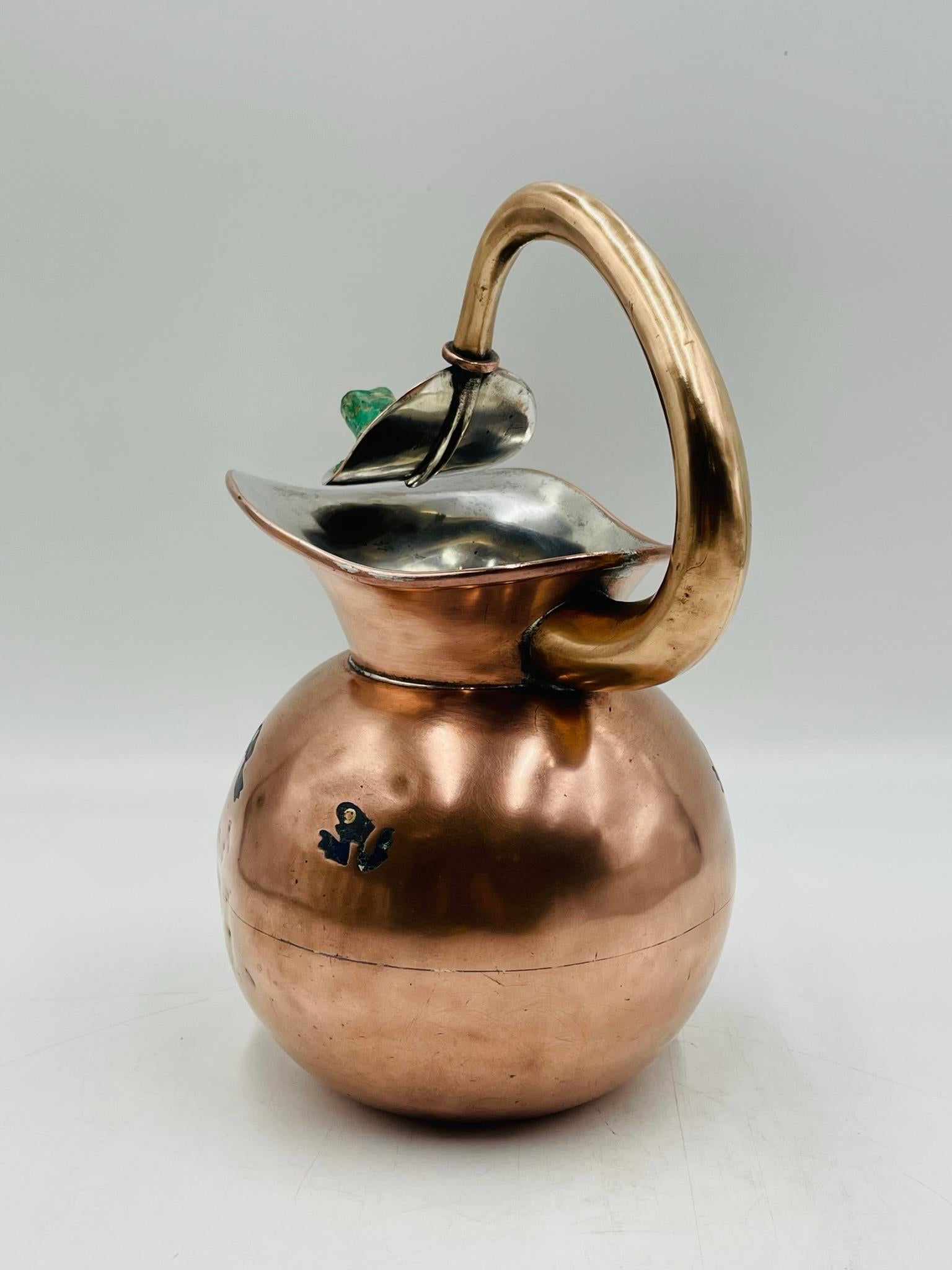 Copper, Silver & Stone Pitcher by Los Castillo, Mexico 1960's, Signed. In Good Condition For Sale In Los Angeles, CA