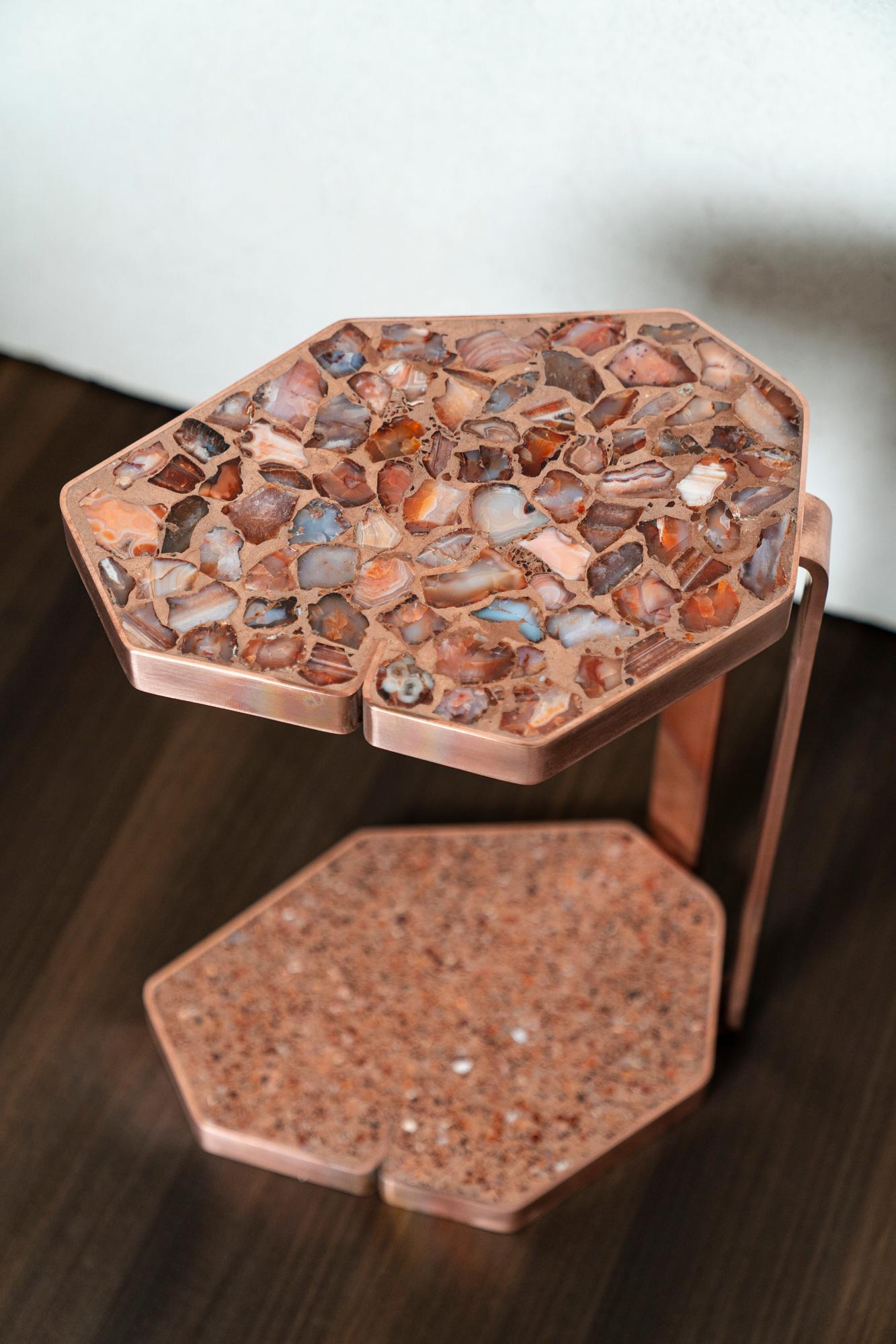 Arts and Crafts Copper Sofa Table with red Agate Terrazzo inlay For Sale