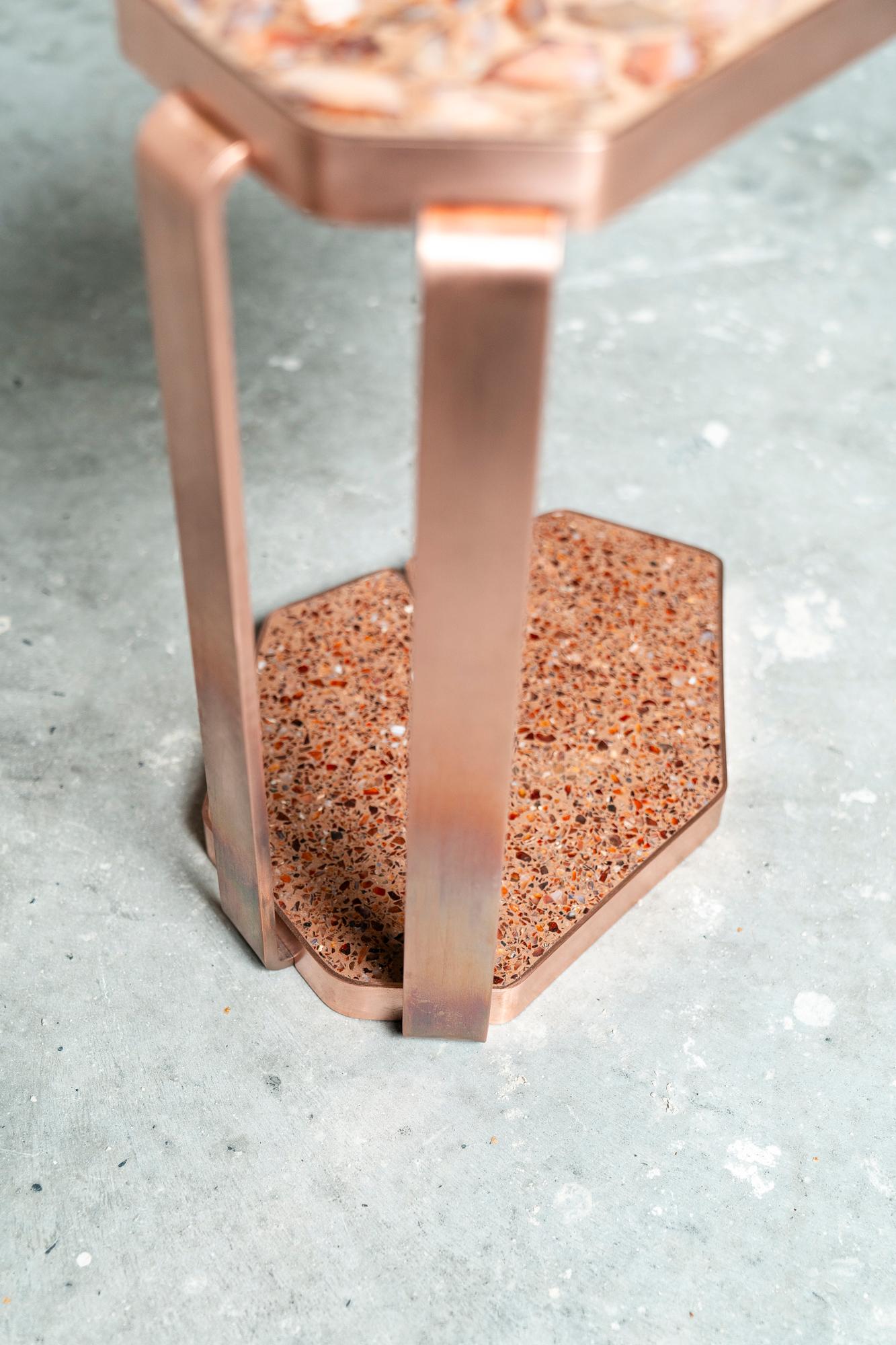 Brushed Copper Sofa Table with red Agate Terrazzo inlay For Sale
