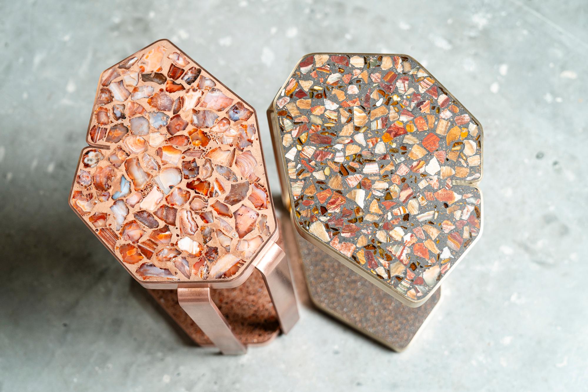 Multi-gemstone Copper Sofa Table with red Agate Terrazzo inlay For Sale