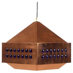 Retro Copper Square Blue/Violet Glass Hanging Lamp by Hans Agne Jakobsson ed. Markaryd