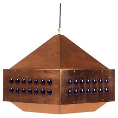 Vintage Copper Square Blue/Violet Glass Hanging Lamp by Hans Agne Jakobsson ed. Markaryd