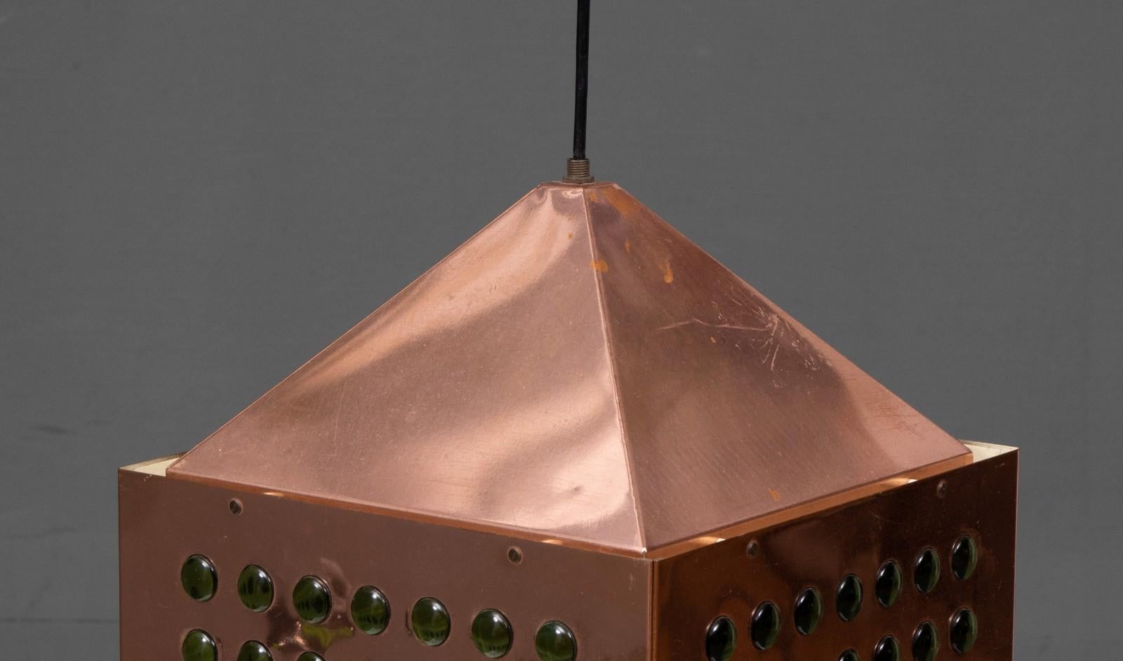 Scandinavian Modern Copper Square Green Glass Hanging Lamp by Hans Agne Jakobsson ed. Markaryd 1960s For Sale