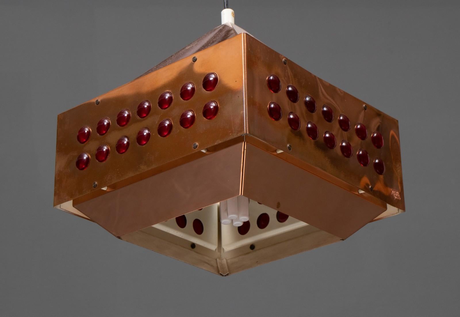 Scandinavian Modern Copper Square Red Glass Hanging Lamp by Hans Agne Jakobsson ed. Markaryd, 1960s For Sale