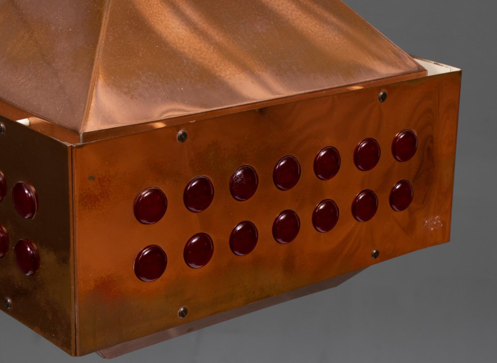 Swedish Copper Square Red Glass Hanging Lamp by Hans Agne Jakobsson ed. Markaryd, 1960s For Sale