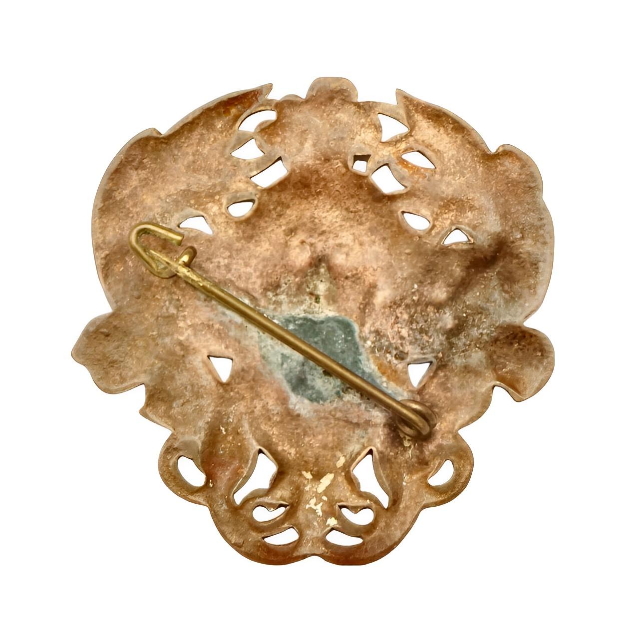 Copper Tone Art Nouveau Lady and Flower Brooch For Sale 1