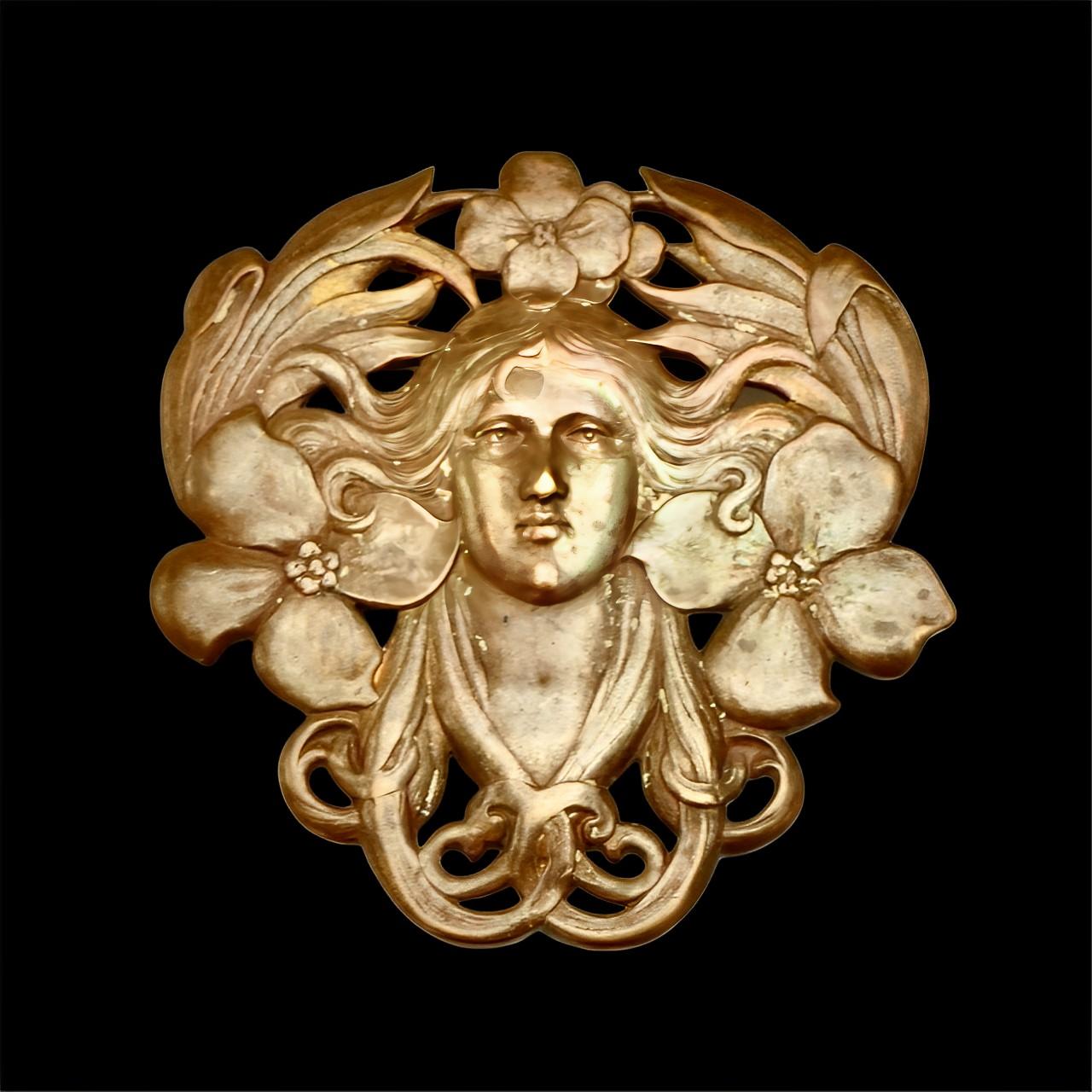 Copper Tone Art Nouveau Lady and Flower Brooch For Sale 2
