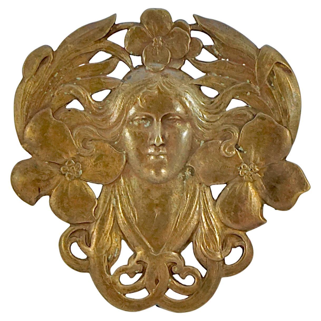 Copper Tone Art Nouveau Lady and Flower Brooch For Sale