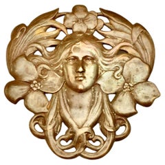 Antique Copper Tone Art Nouveau Lady and Flower Brooch