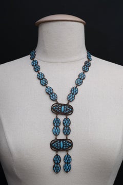 Copper-Tone Metal and Turquoise Glass Paste Necklace, 1925s