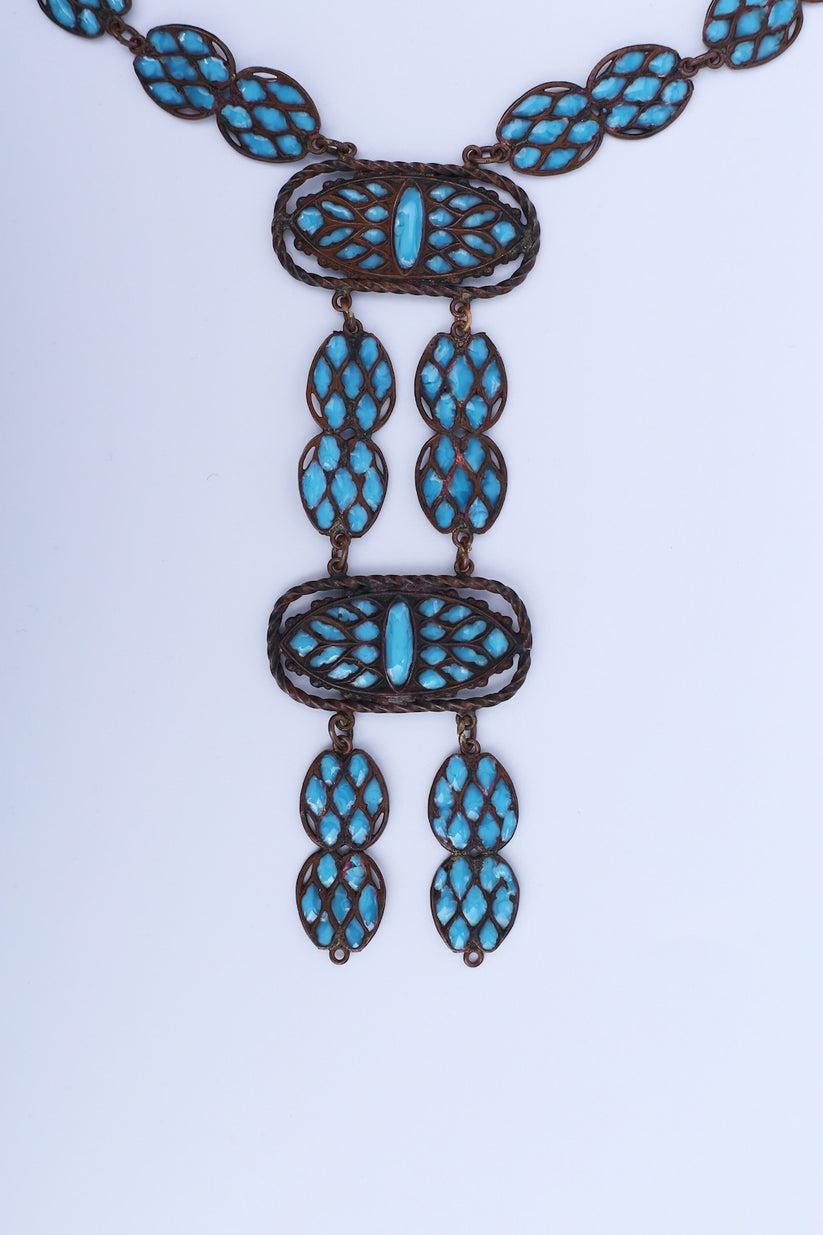 Art Deco Copper-Tone Metal and Turquoise Glass Paste Necklace, 1925s For Sale