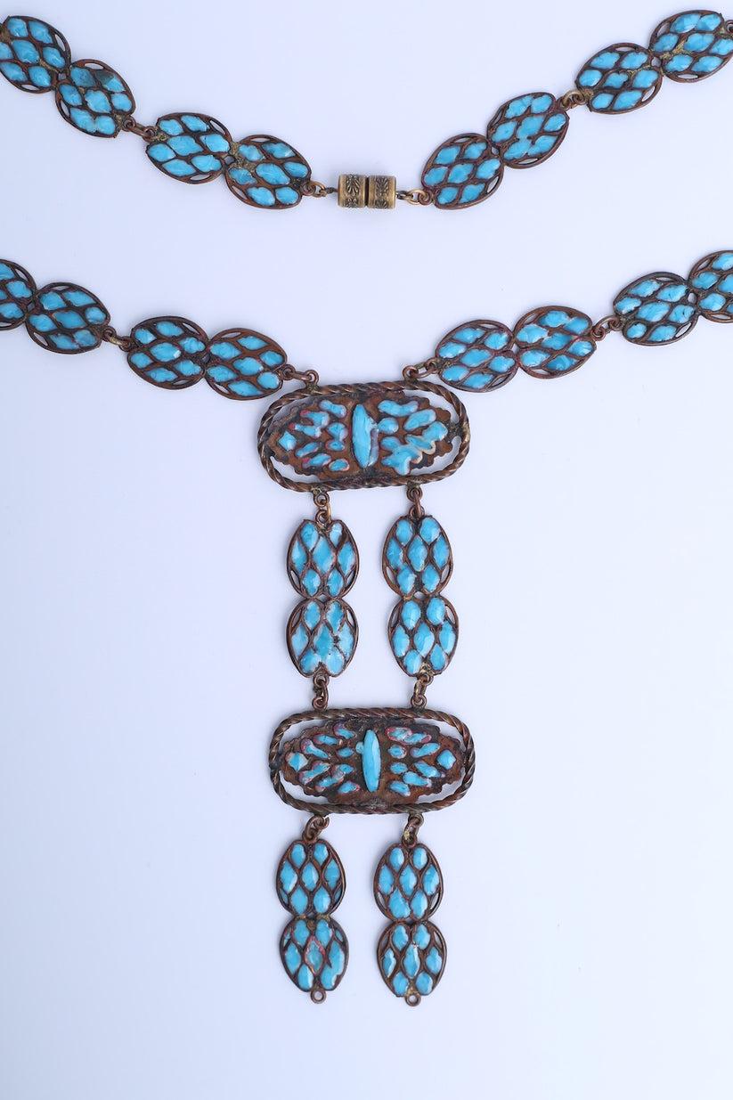 Women's Copper-Tone Metal and Turquoise Glass Paste Necklace, 1925s For Sale