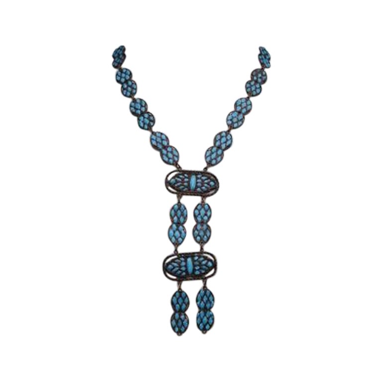 Collana in metallo color rame e pasta di vetro turchese, anni 1925