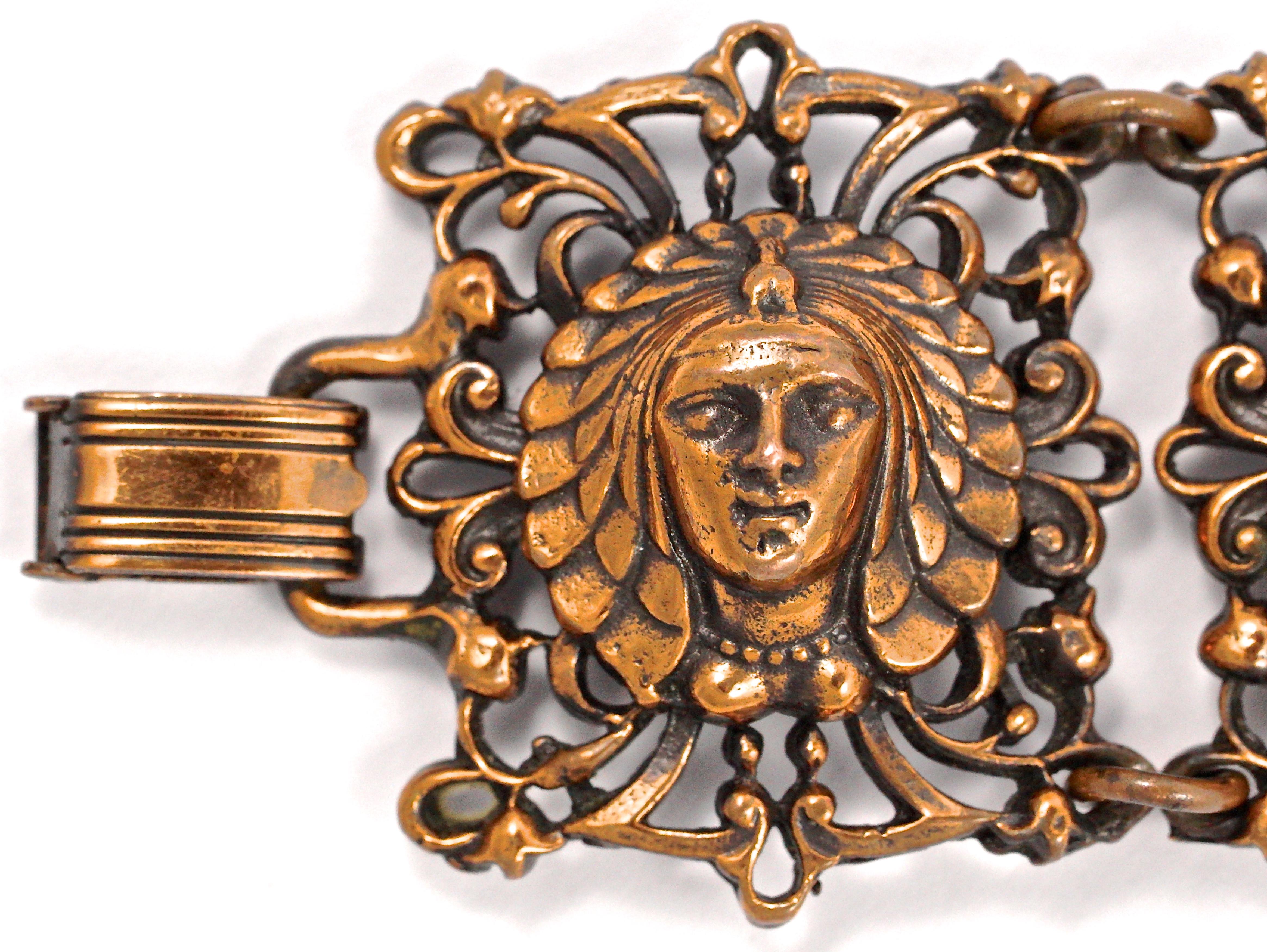 Copper Tone Pharaoh Woman's Face Design Wide Link Bracelet 1