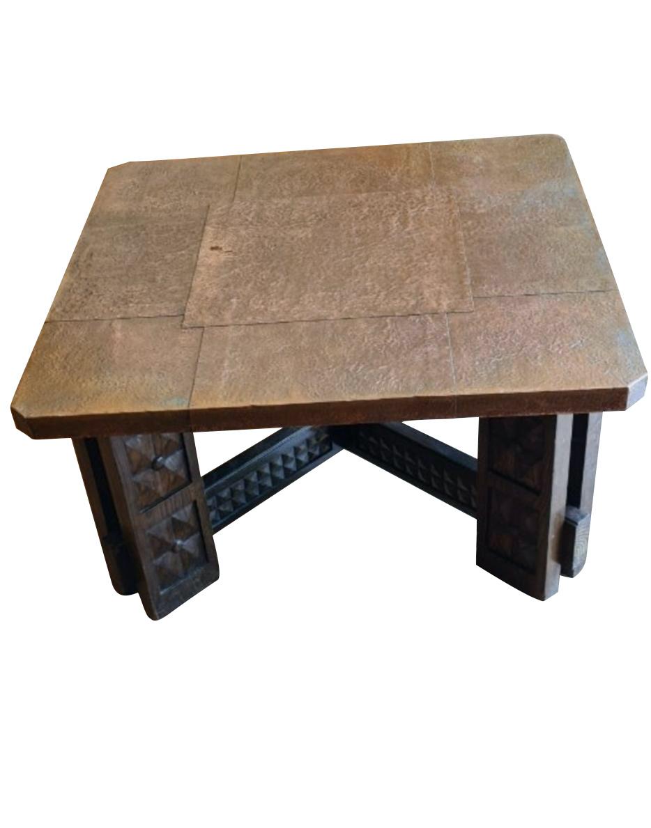 Mid-century Spanish copper top Brutalist design square coffee table.
Oak wood.
Arriving November.